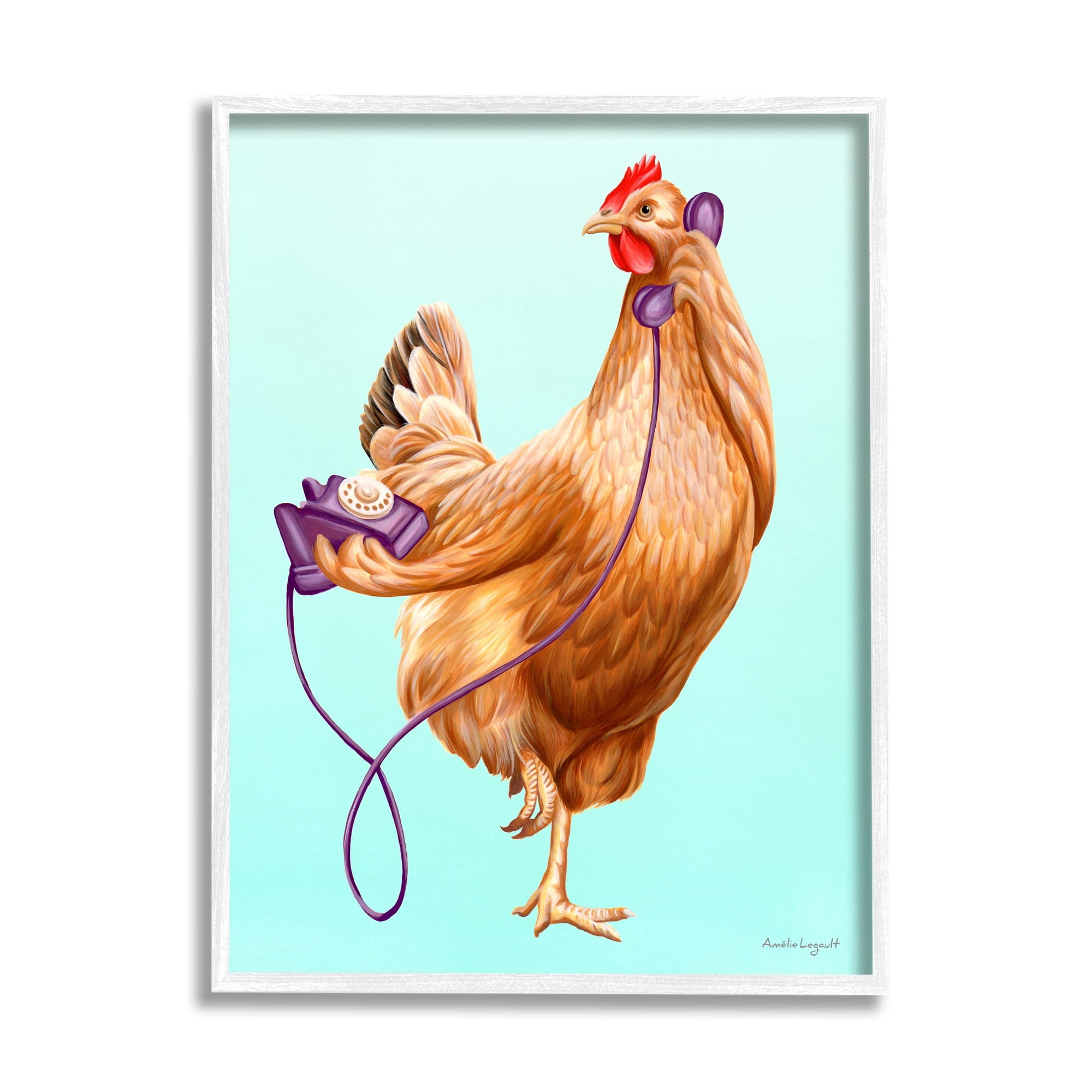 Stupell Industries Chicken Hen Bird Talking Purple Rotary Phone Graphic Art White Framed Art Print Wall Art, Design by Amelie Legault