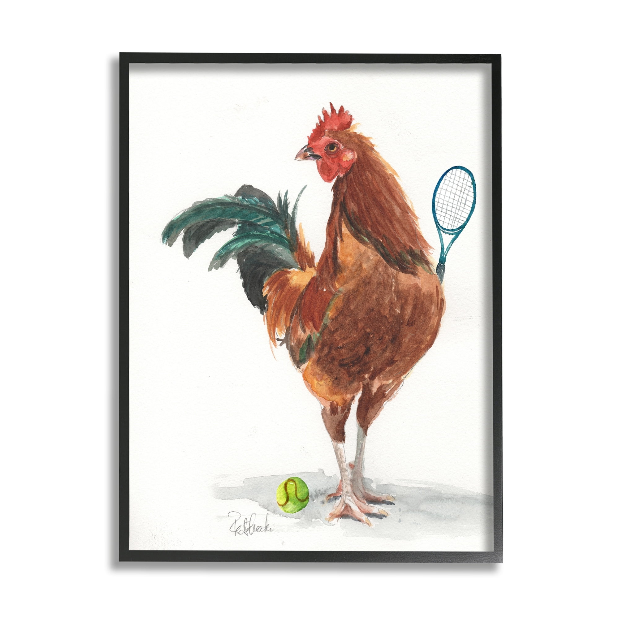 Stupell Industries Chicken Hen Playing Tennis Athletic Farm Animal Painting Black Framed Art Print Wall Art, Design by Jennifer Redstreake