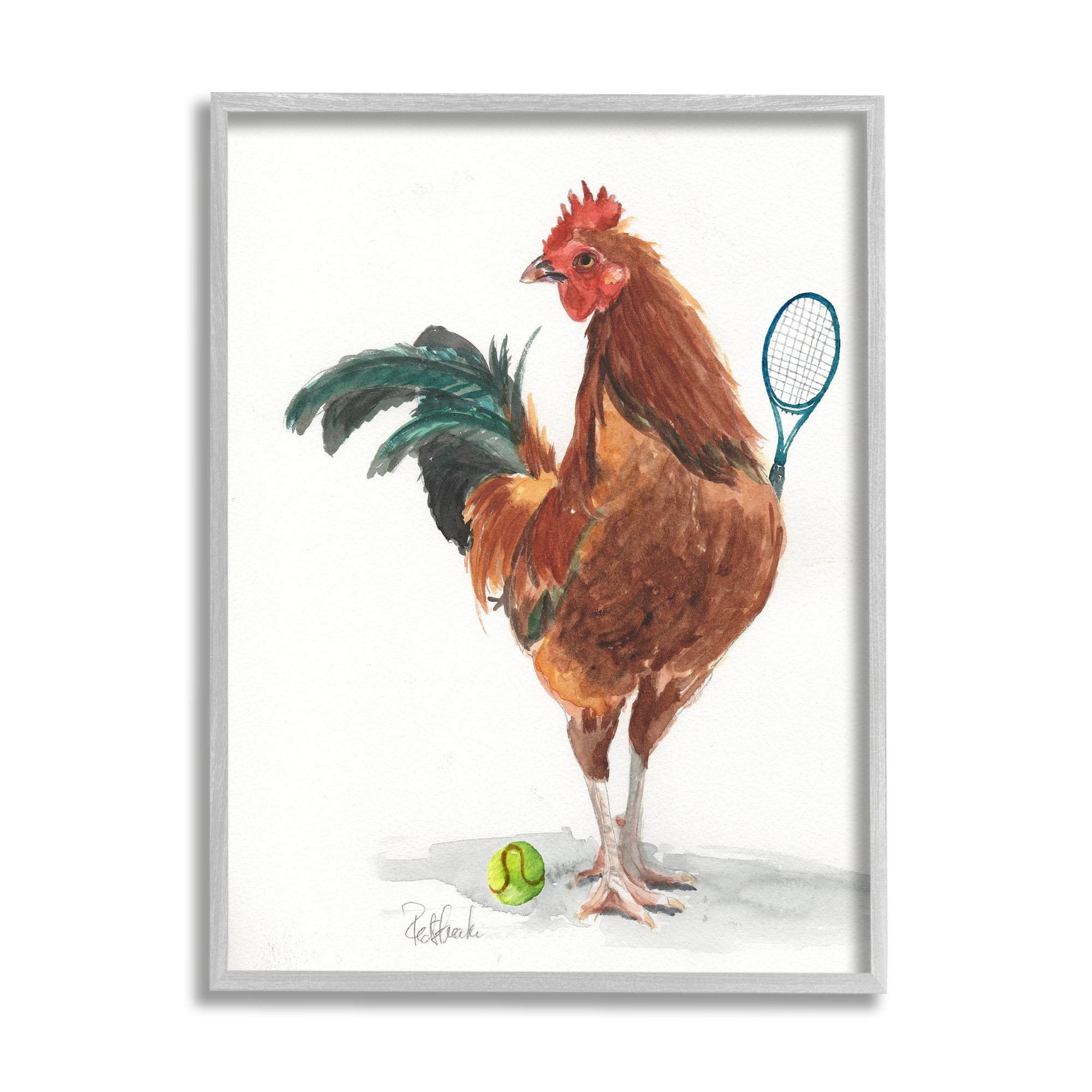 Stupell Industries Chicken Hen Playing Tennis Athletic Farm Animal Painting Gray Framed Art Print Wall Art, Design by Jennifer Redstreake
