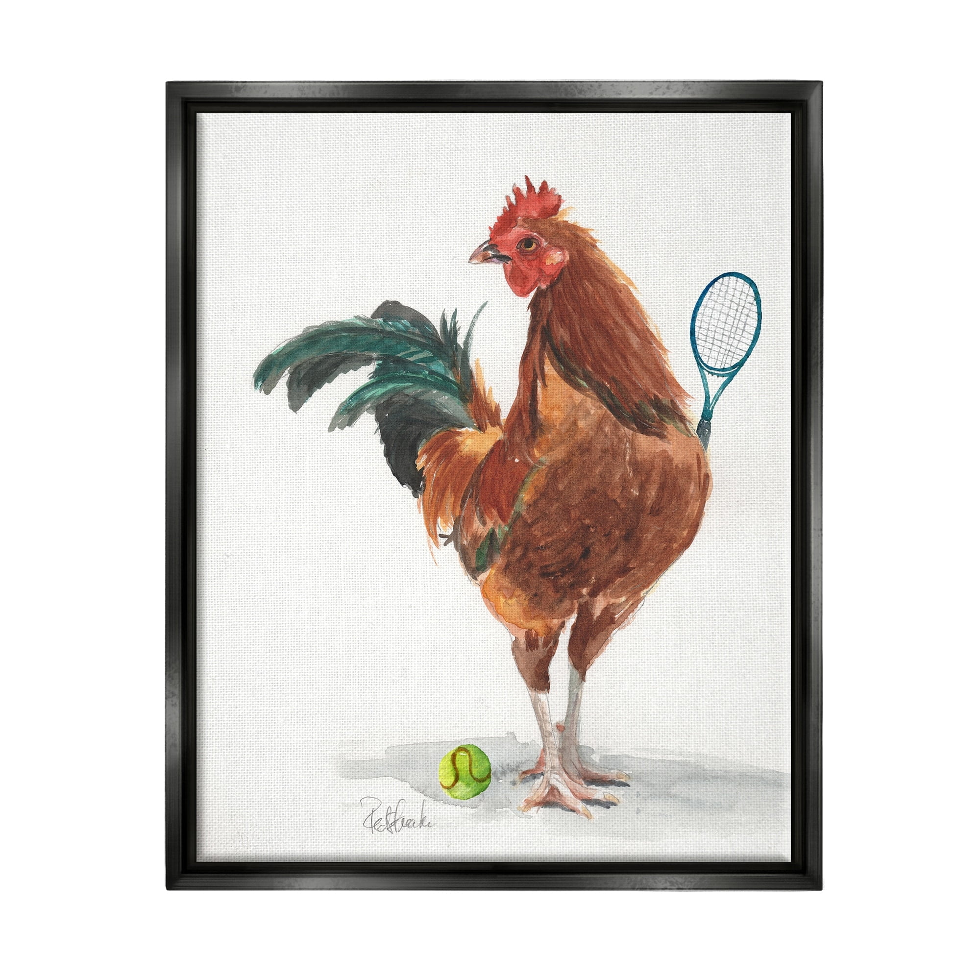Stupell Industries Chicken Hen Playing Tennis Athletic Farm Animal Painting Jet Black Floating Framed Canvas Print Wall Art, Design by Jennifer Redstreake