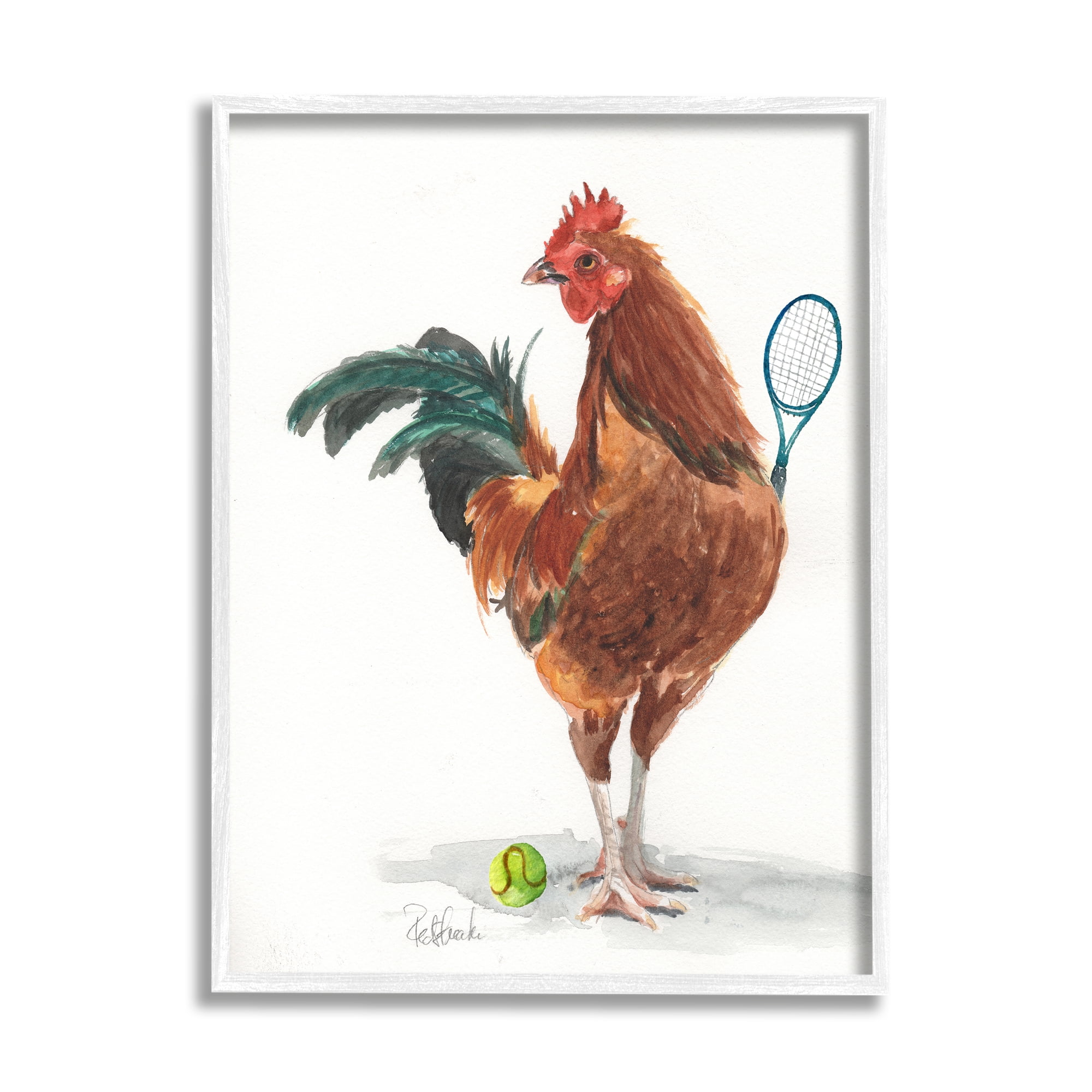 Stupell Industries Chicken Hen Playing Tennis Athletic Farm Animal Painting White Framed Art Print Wall Art, Design by Jennifer Redstreake