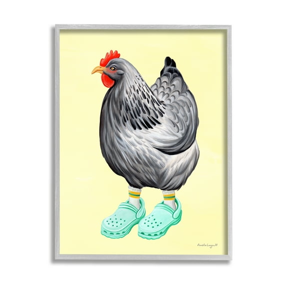 Stupell Industries Chicken Hen Vibrant Rubber Clogs Farm Animal Graphic Art Gray Framed Art Print Wall Art, Design by Amelie Legault