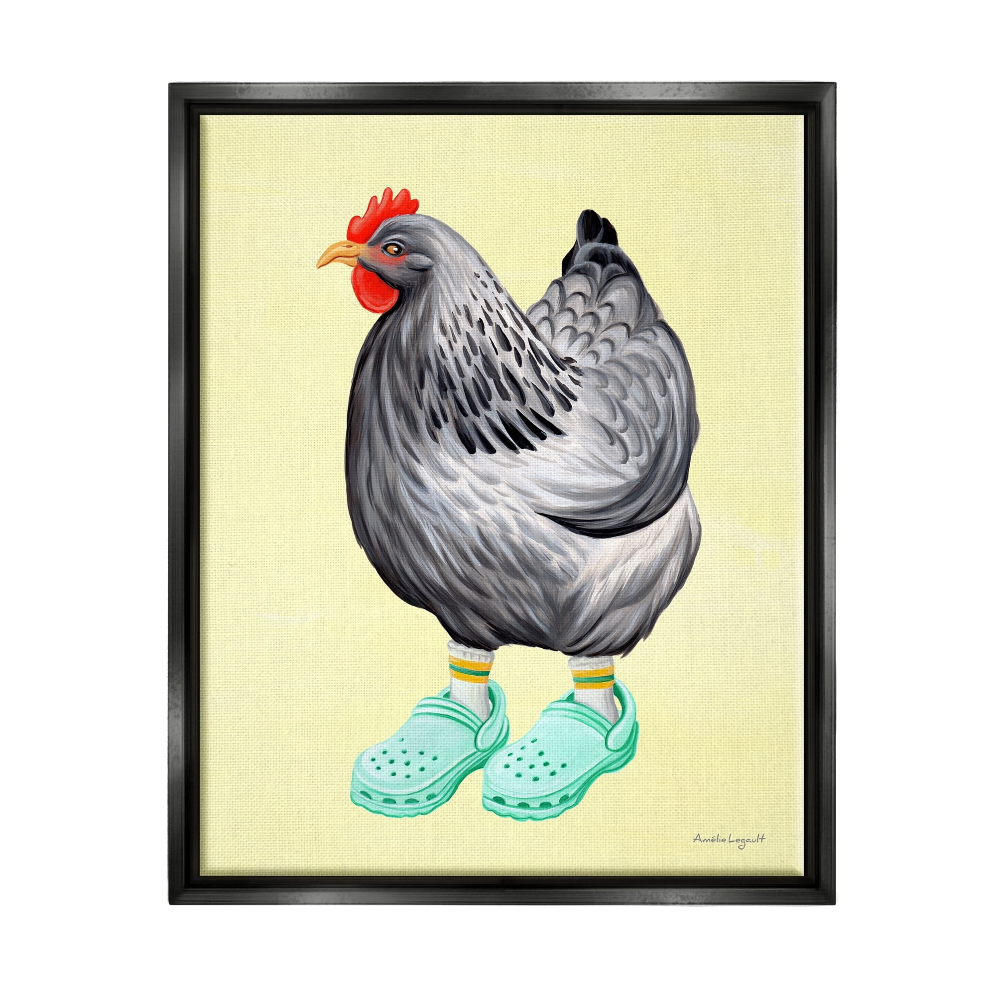 Stupell Industries Chicken Hen Vibrant Rubber Clogs Farm Animal Graphic Art Jet Black Floating Framed Canvas Print Wall Art, Design by Amelie Legault
