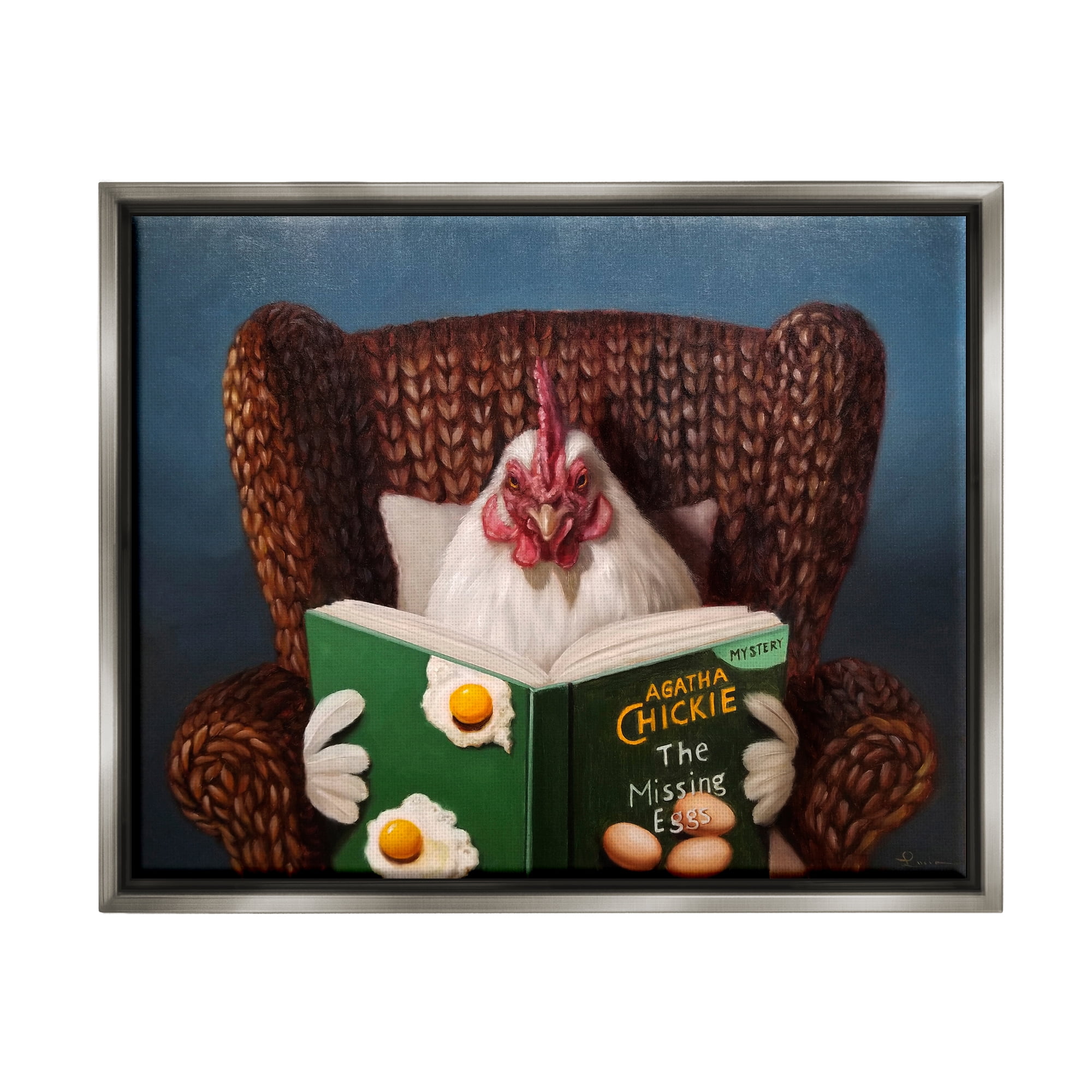 Stupell Industries Chicken Reading Book Animals & Insects Painting Gray Floater Framed Canvas Art Print Wall Art, 21 x 17