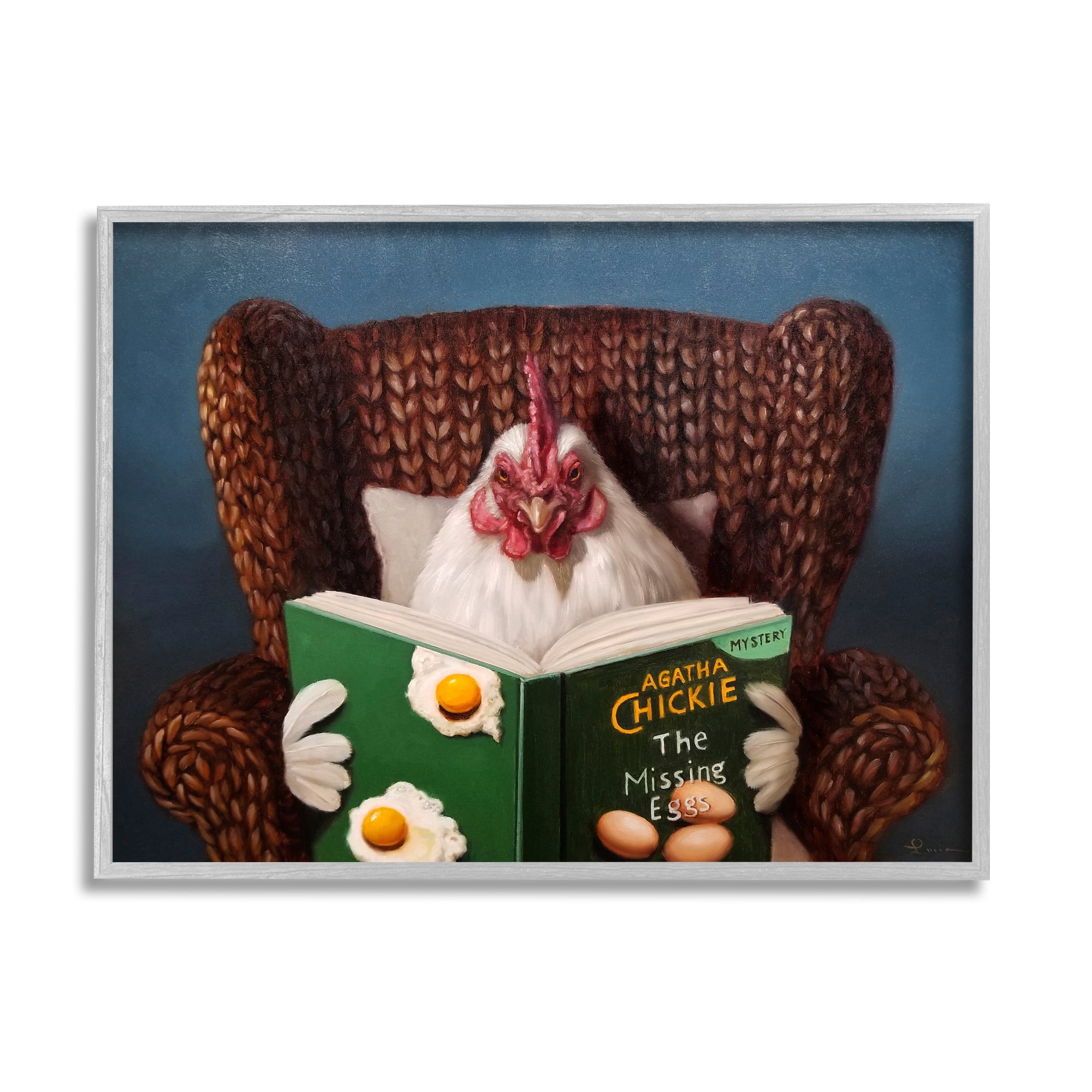 Stupell Industries Chicken Reading Book Animals & Insects Painting Gray Framed Art Print Wall Art, 14 x 11