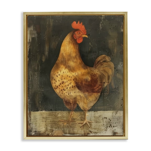 Stupell Industries Chicken on Rustic Background Animals Painting Gold Floater Framed Canvas Art Print Wall Art, 17 x 21