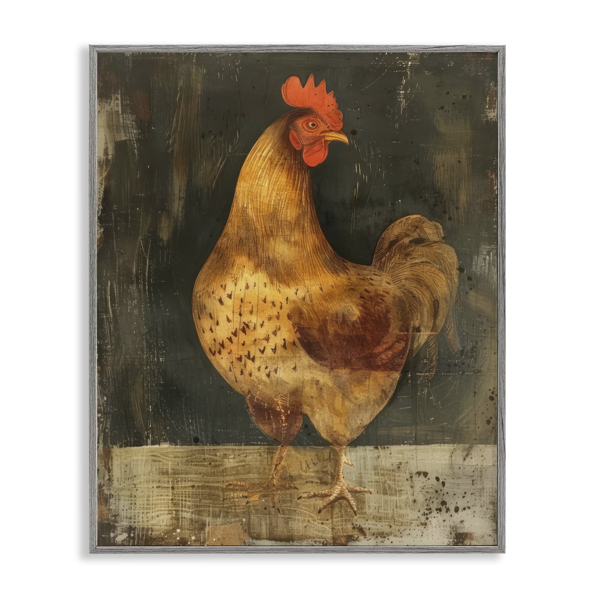 Stupell Industries Chicken on Rustic Background Animals Painting Gray Framed Art Print Wall Art, 11 x 14
