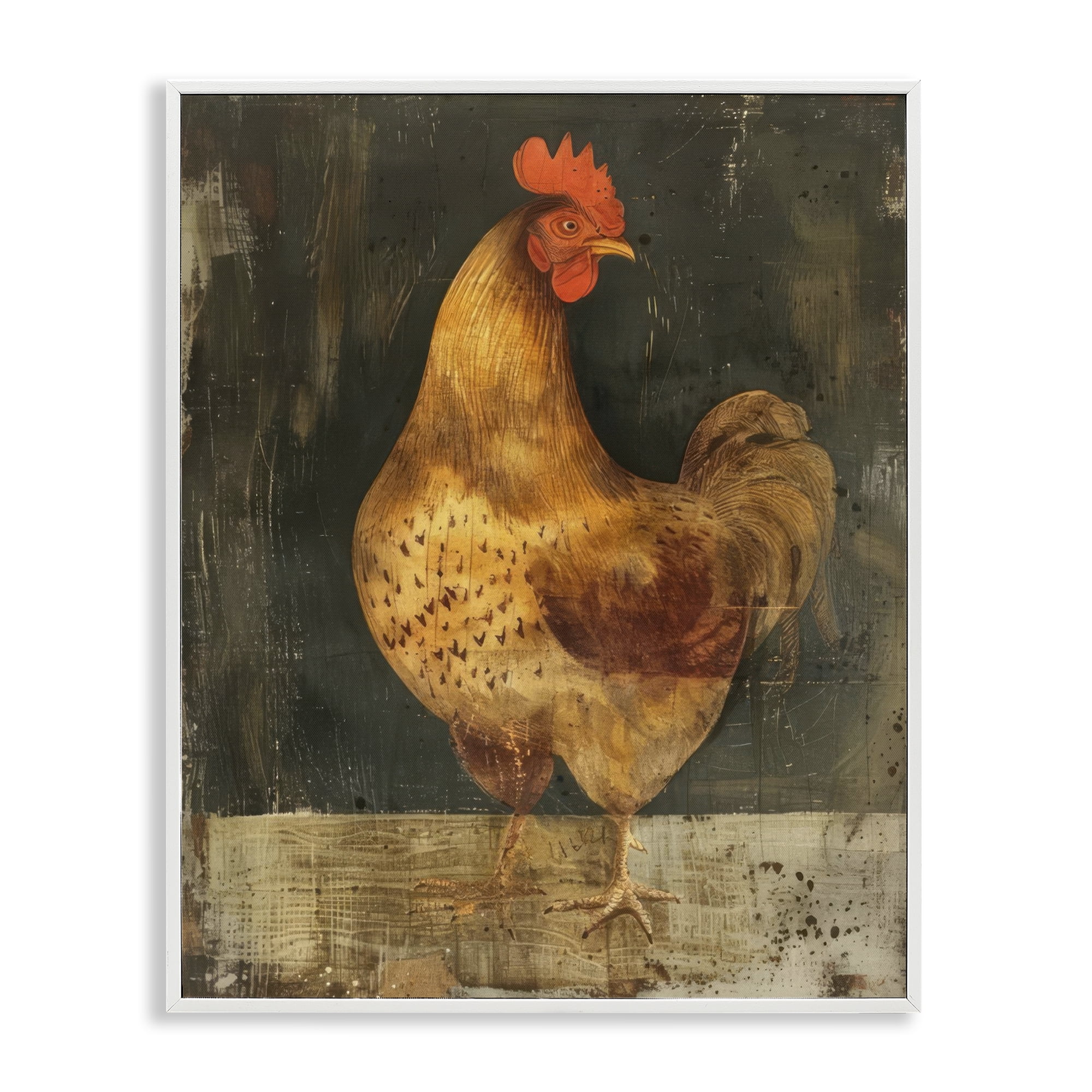 Stupell Industries Chicken on Rustic Background Animals Painting White Framed Art Print Wall Art, 11 x 14