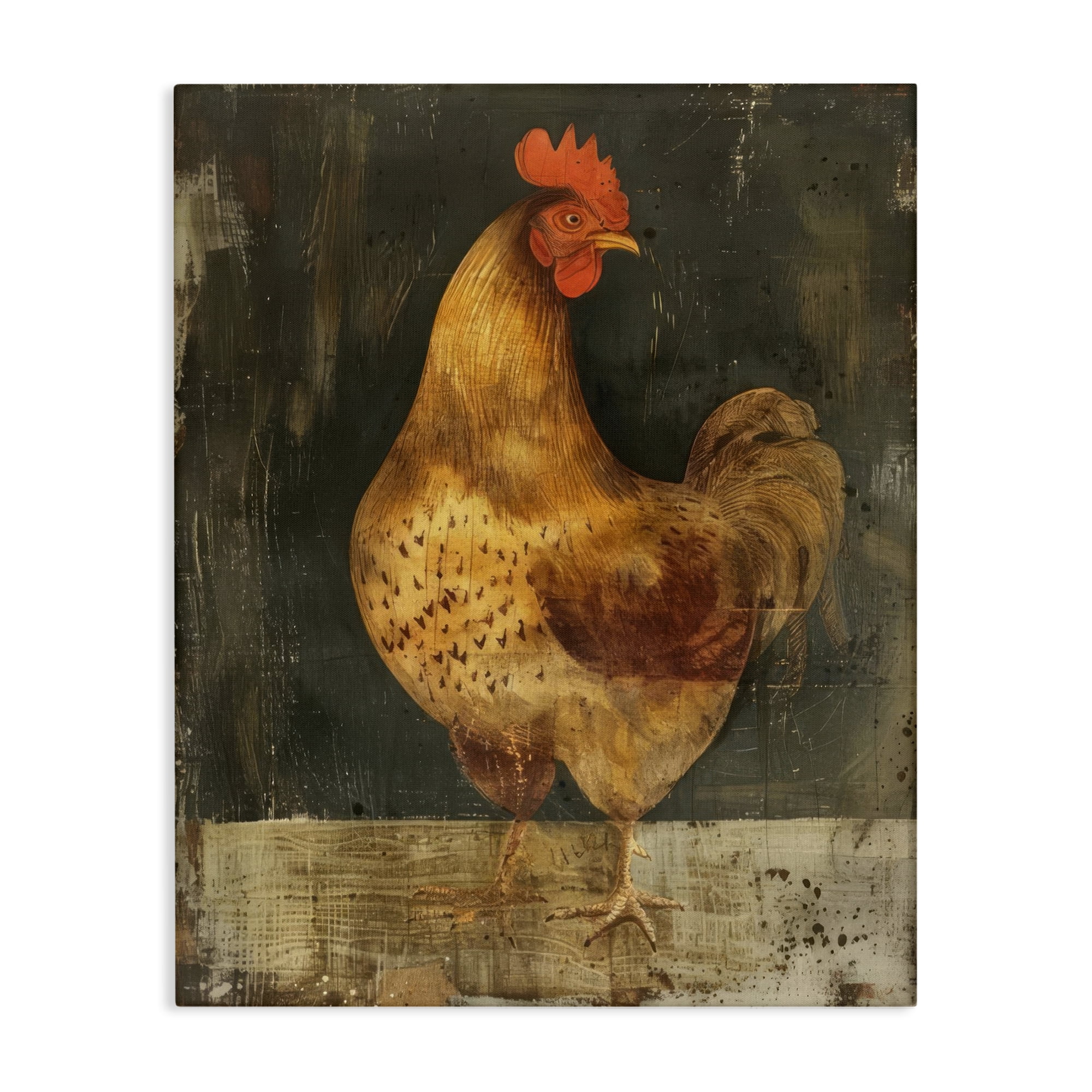Stupell Industries Chicken on Rustic Background Animals Painting Wrapped Canvas Art Print Wall Art, 24 x 30