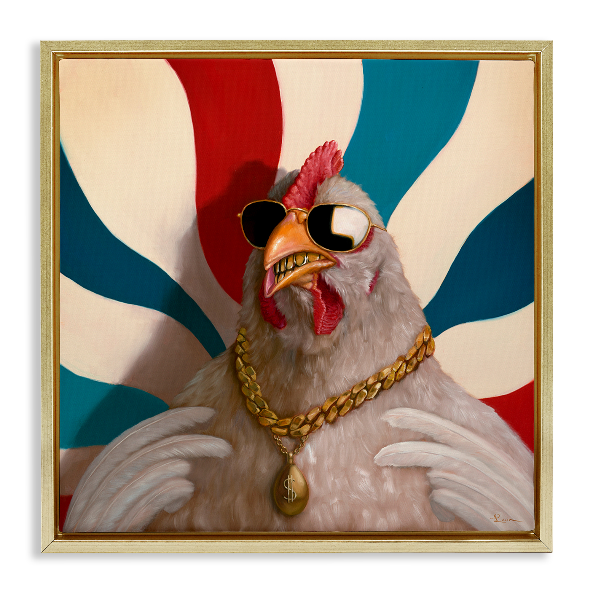 Stupell Industries Chicken with Urban Chains Animals Painting Gold Floater Framed Canvas Art Print Wall Art, 25 x 25