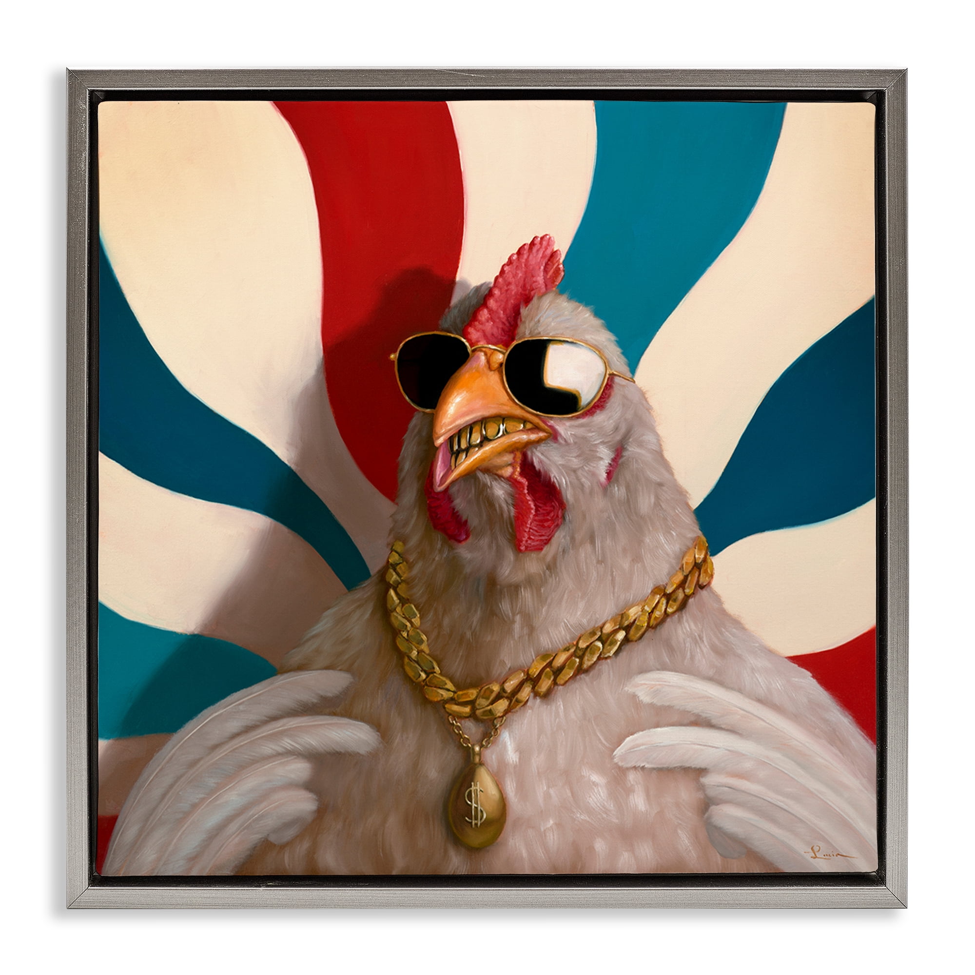 Stupell Industries Chicken with Urban Chains Animals Painting Gray Floater Framed Canvas Art Print Wall Art, 25 x 25