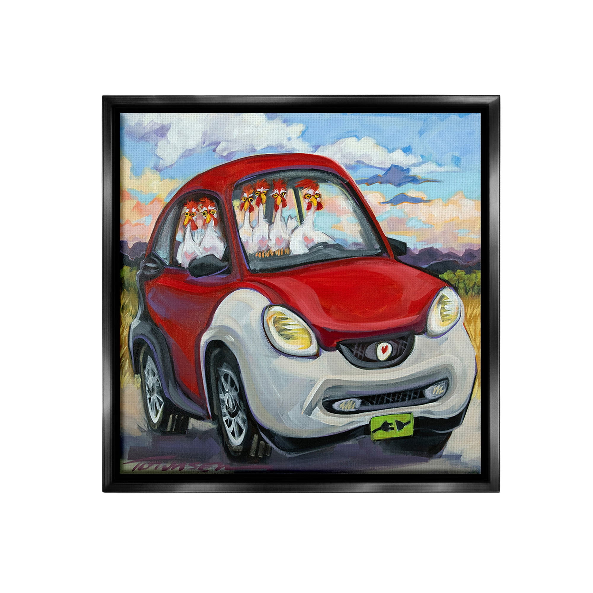 Stupell Industries Chickens Driving Car Animals & Insects Painting Black Floater Framed Canvas Art Print Wall Art, 25 x 25