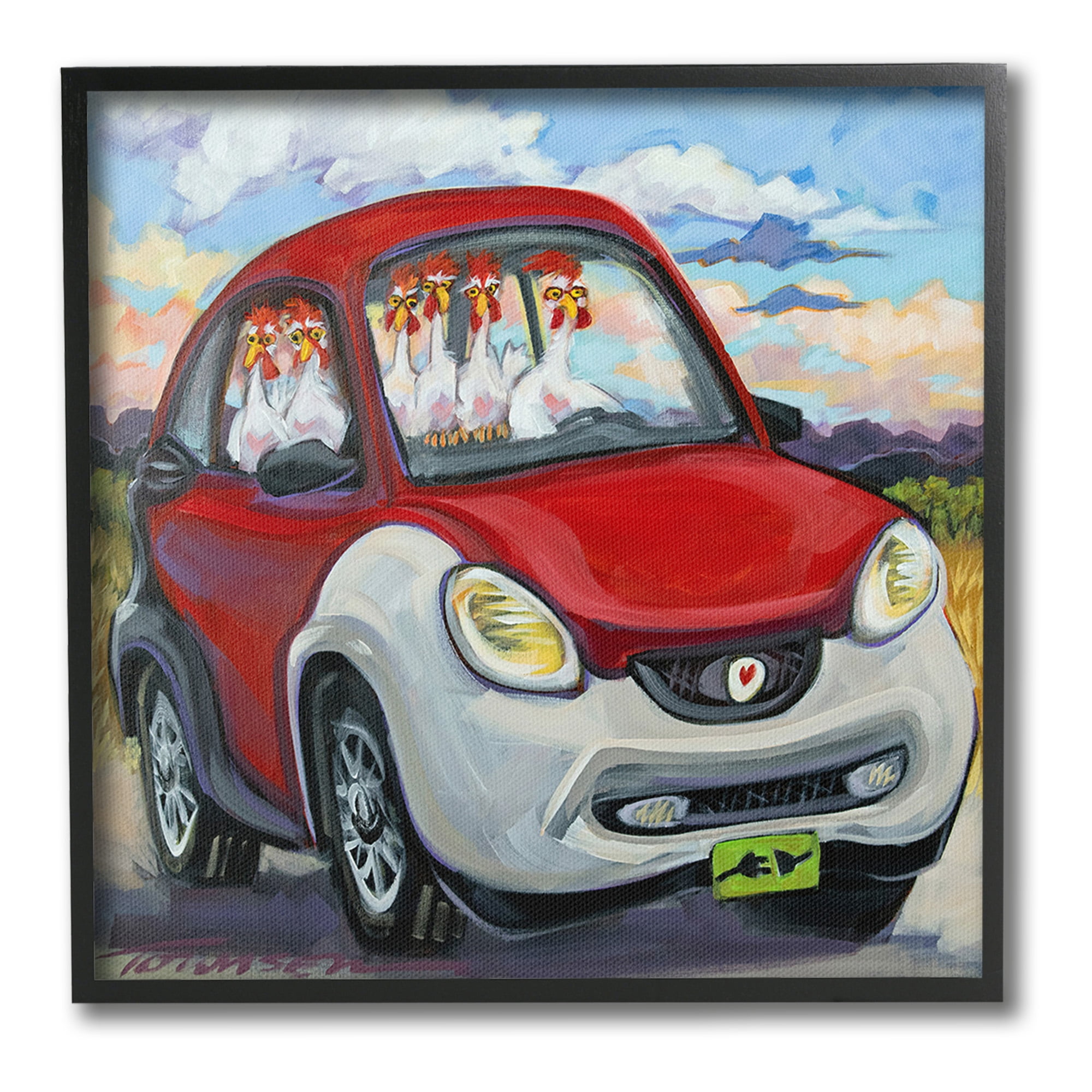 Stupell Industries Chickens Driving Car Animals & Insects Painting Black Framed Art Print Wall Art, 24 x 24