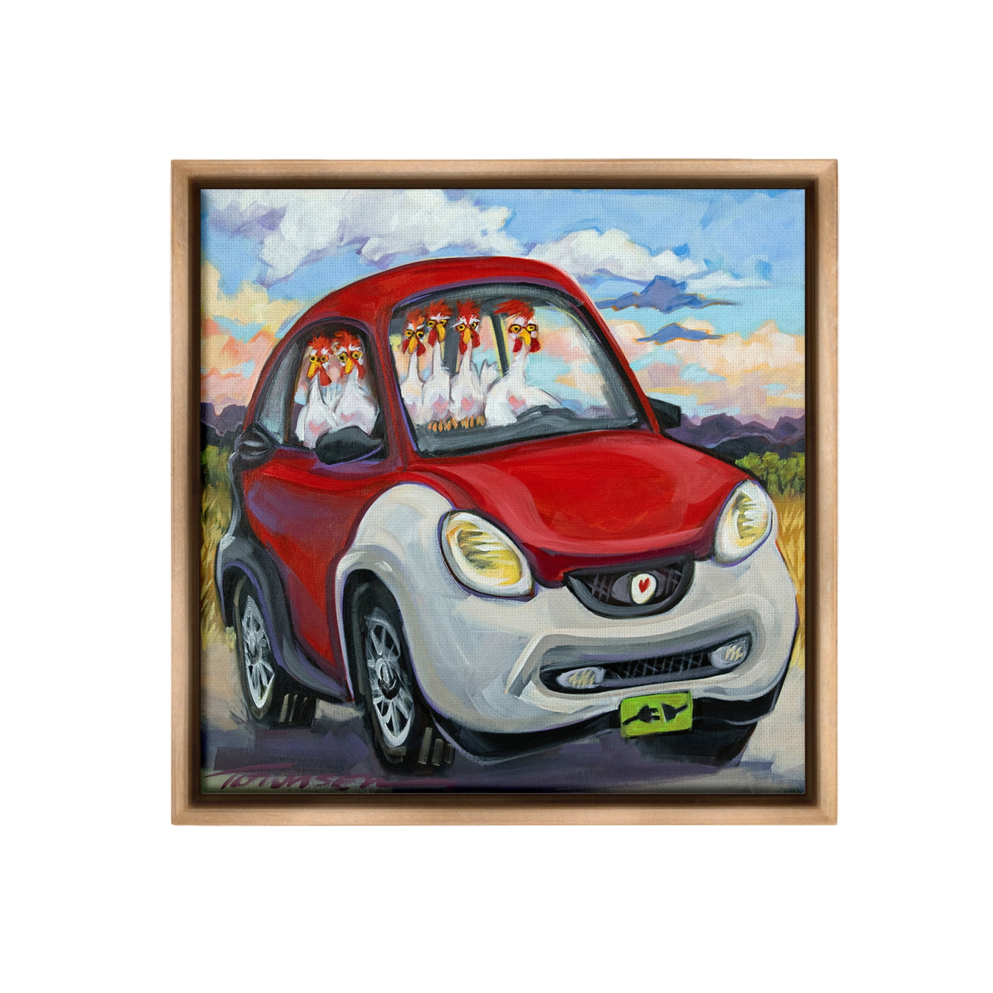 Stupell Industries Chickens Driving Car Animals & Insects Painting Brown Floater Framed Canvas Art Print Wall Art, 18 x 18