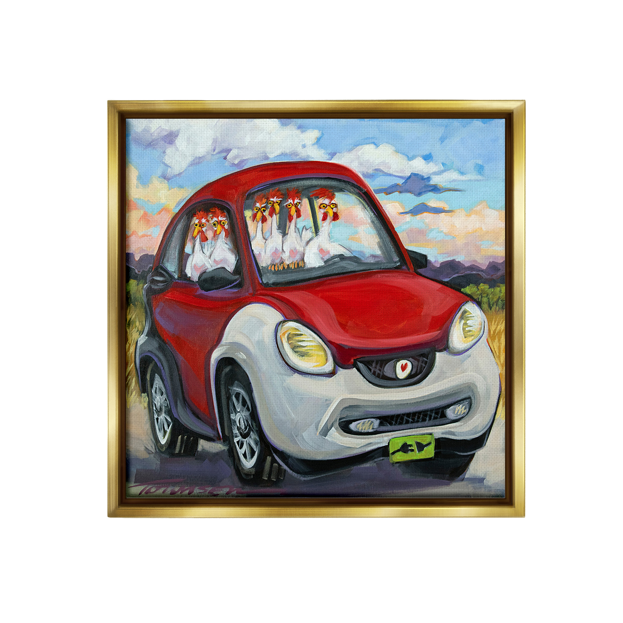 Stupell Industries Chickens Driving Car Animals & Insects Painting Gold Floater Framed Canvas Art Print Wall Art, 18 x 18