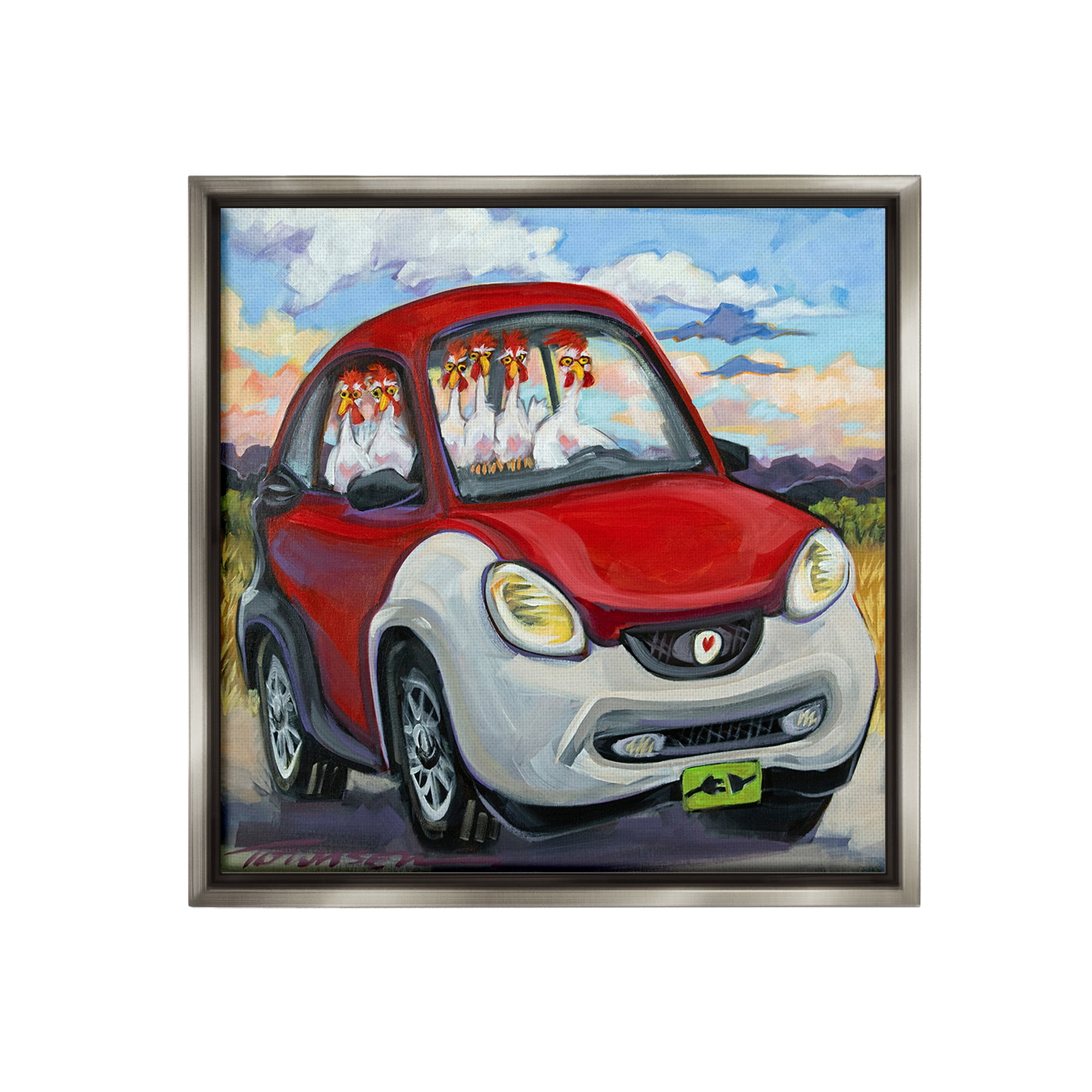 Stupell Industries Chickens Driving Car Animals & Insects Painting Gray Floater Framed Canvas Art Print Wall Art, 18 x 18