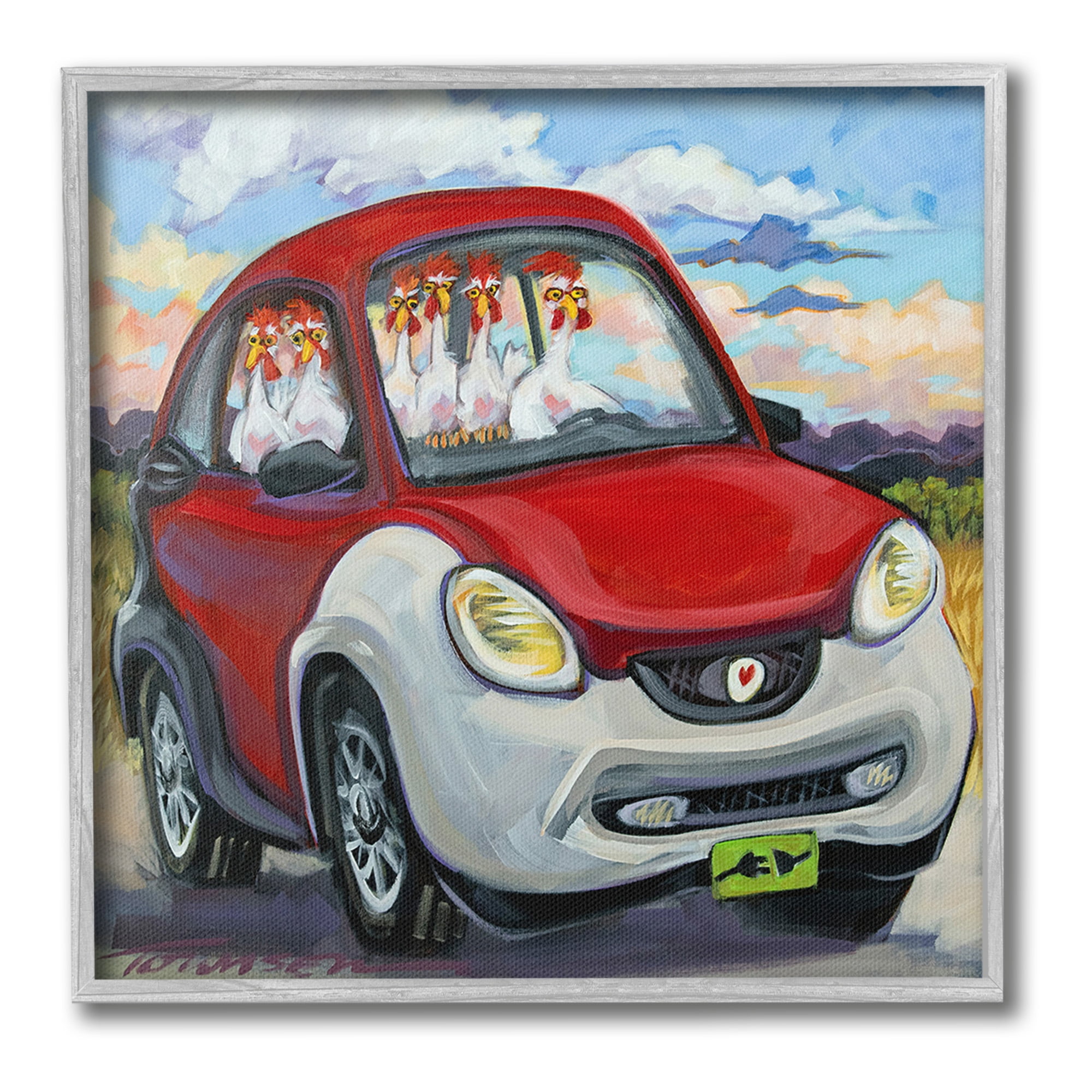 Stupell Industries Chickens Driving Car Animals & Insects Painting Gray Framed Art Print Wall Art, 24 x 24