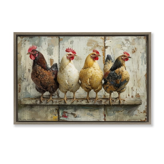 Stupell Industries Chickens In A Row Animals Painting Brown Floater Framed Canvas Art Print Wall Art, 25 x 17