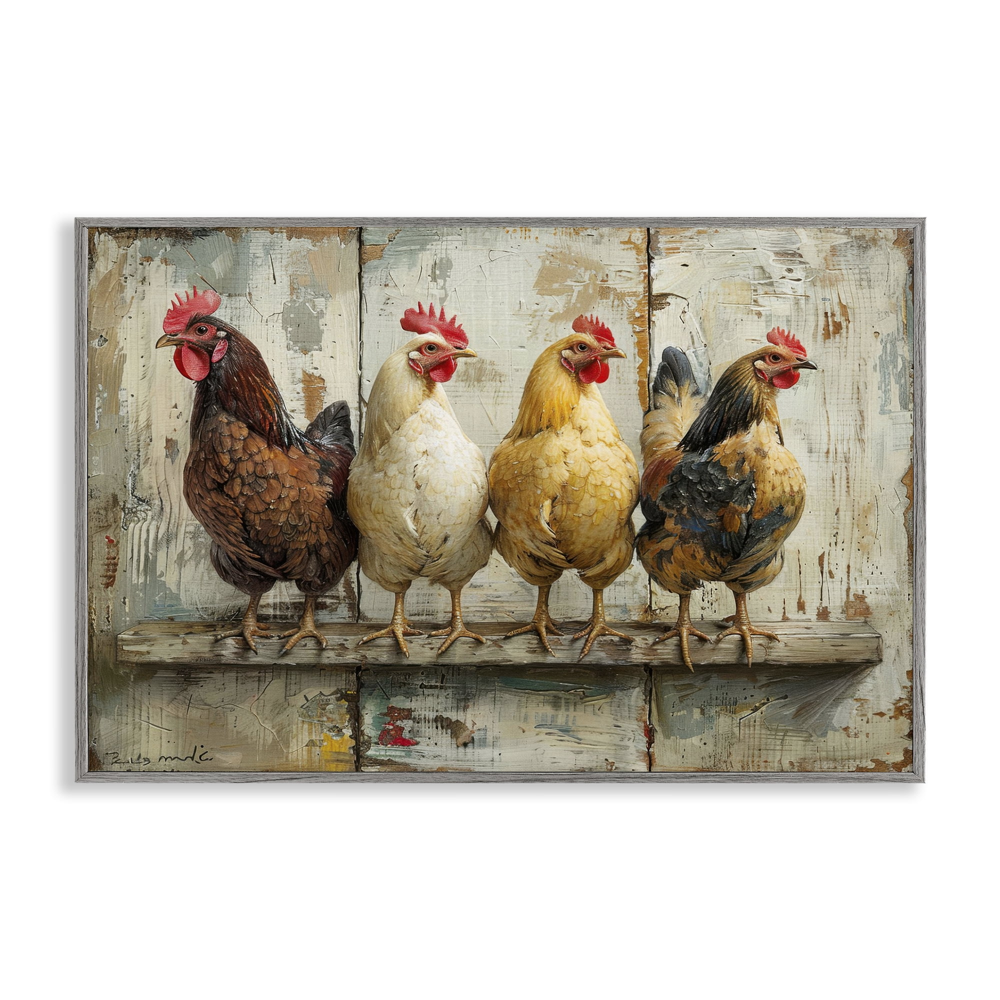 Stupell Industries Chickens In A Row Animals Painting Gray Framed Art Print Wall Art, 18 x 12