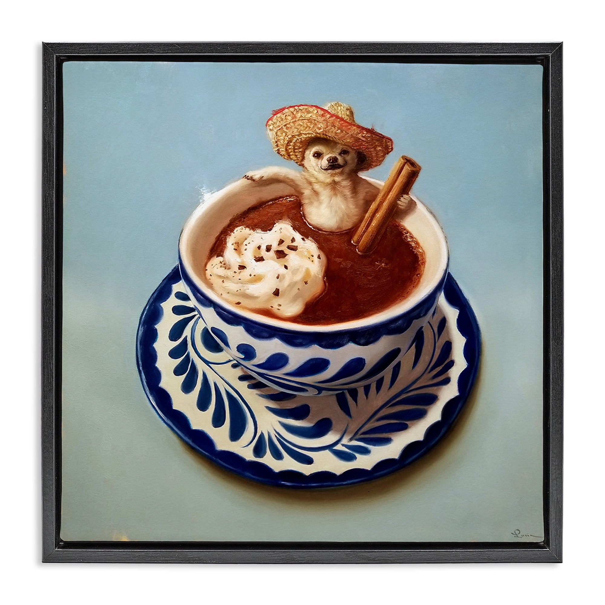 Stupell Industries Chihuahua Hot Chocolate Humor Animals & Insects Painting Black Floater Framed Canvas Art Print Wall Art, 18 x 18