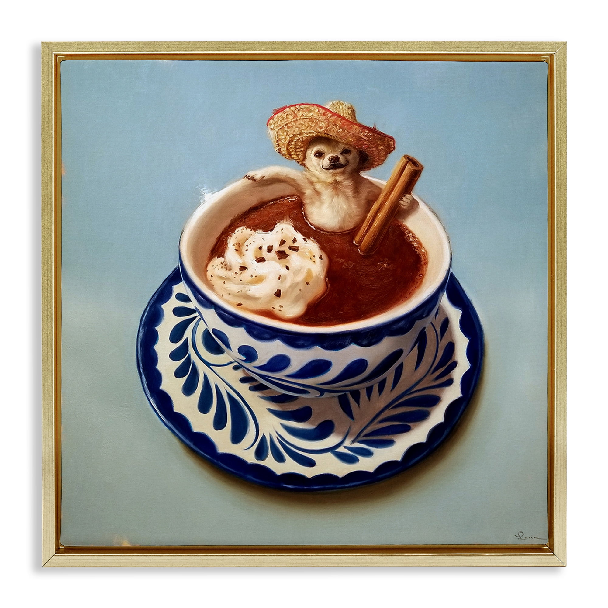 Stupell Industries Chihuahua Hot Chocolate Humor Animals & Insects Painting Gold Floater Framed Canvas Art Print Wall Art, 25 x 25