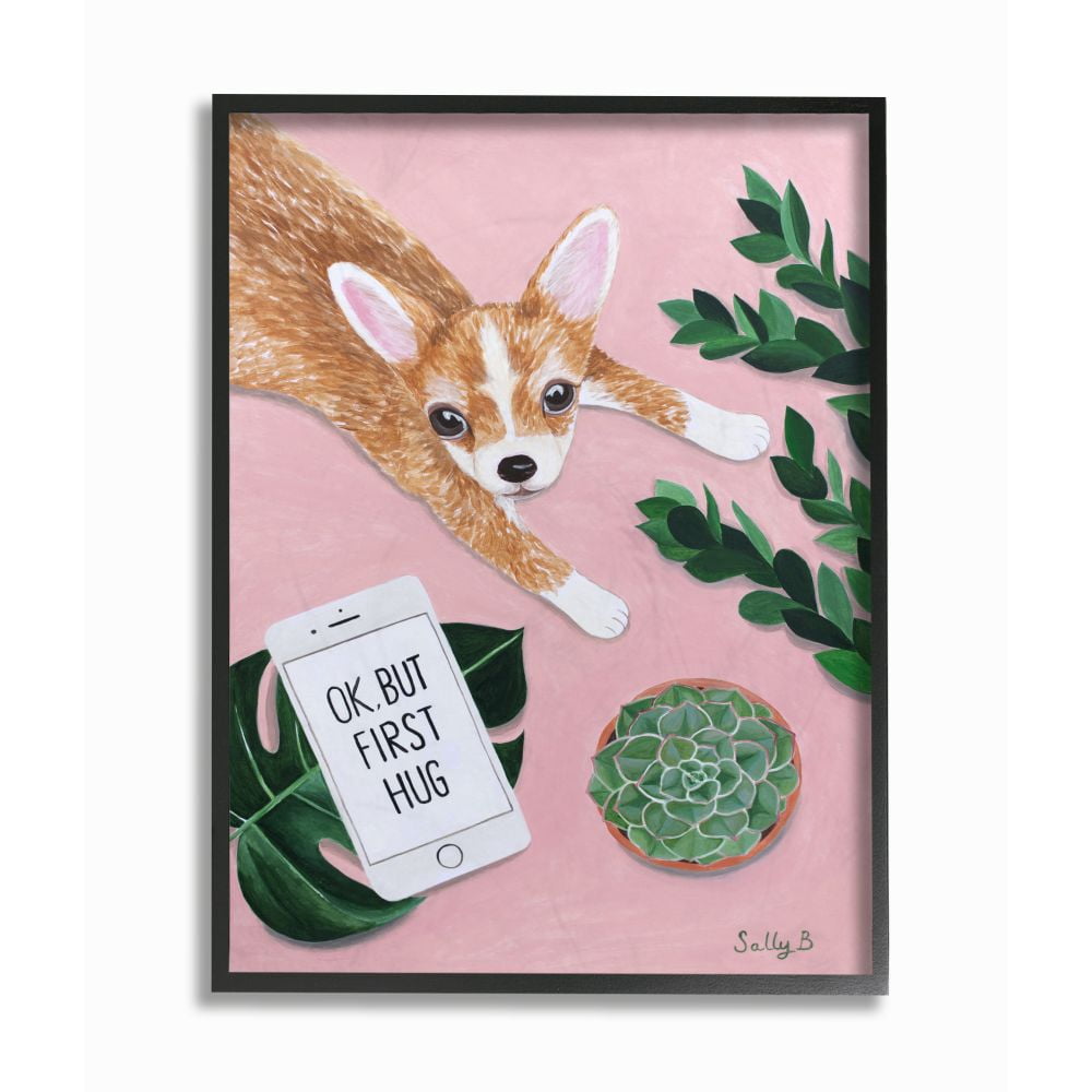 Stupell Industries Chihuahua Phone Text Funny Animal Dog Painting Black Framed Art Print Wall Art, 16x20, by Sally B