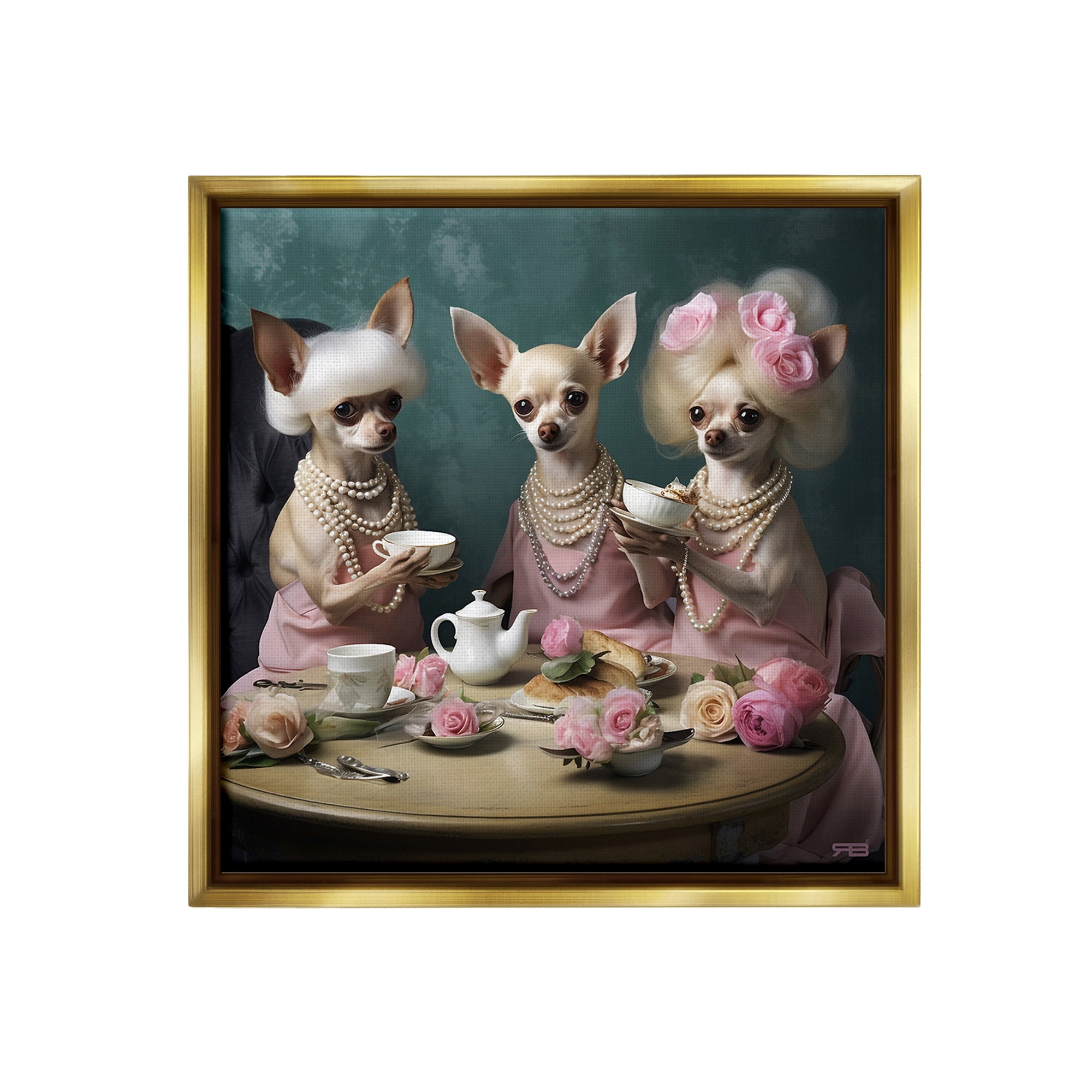 Stupell Industries Chihuahua Tea Party Animals & Insects Painting Gold Floater Framed Canvas Art Print Wall Art, 25 x 25
