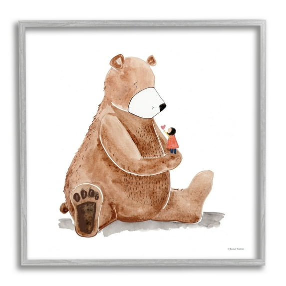 Stupell Industries Child Loving Heart Big Brown Teddy Bear Painting Gray Framed Art Print Wall Art, Design by Rachel Nieman