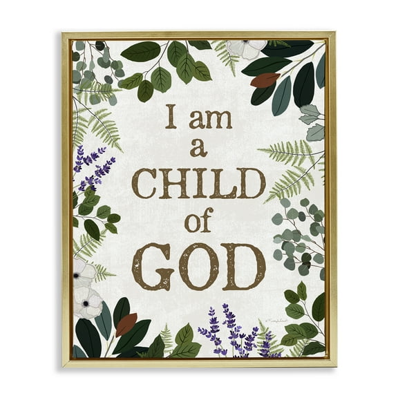 Stupell Industries Child Of God on Leaves Gold Framed Floater Canvas Wall Art design by Kelley Talent, 21 x 17