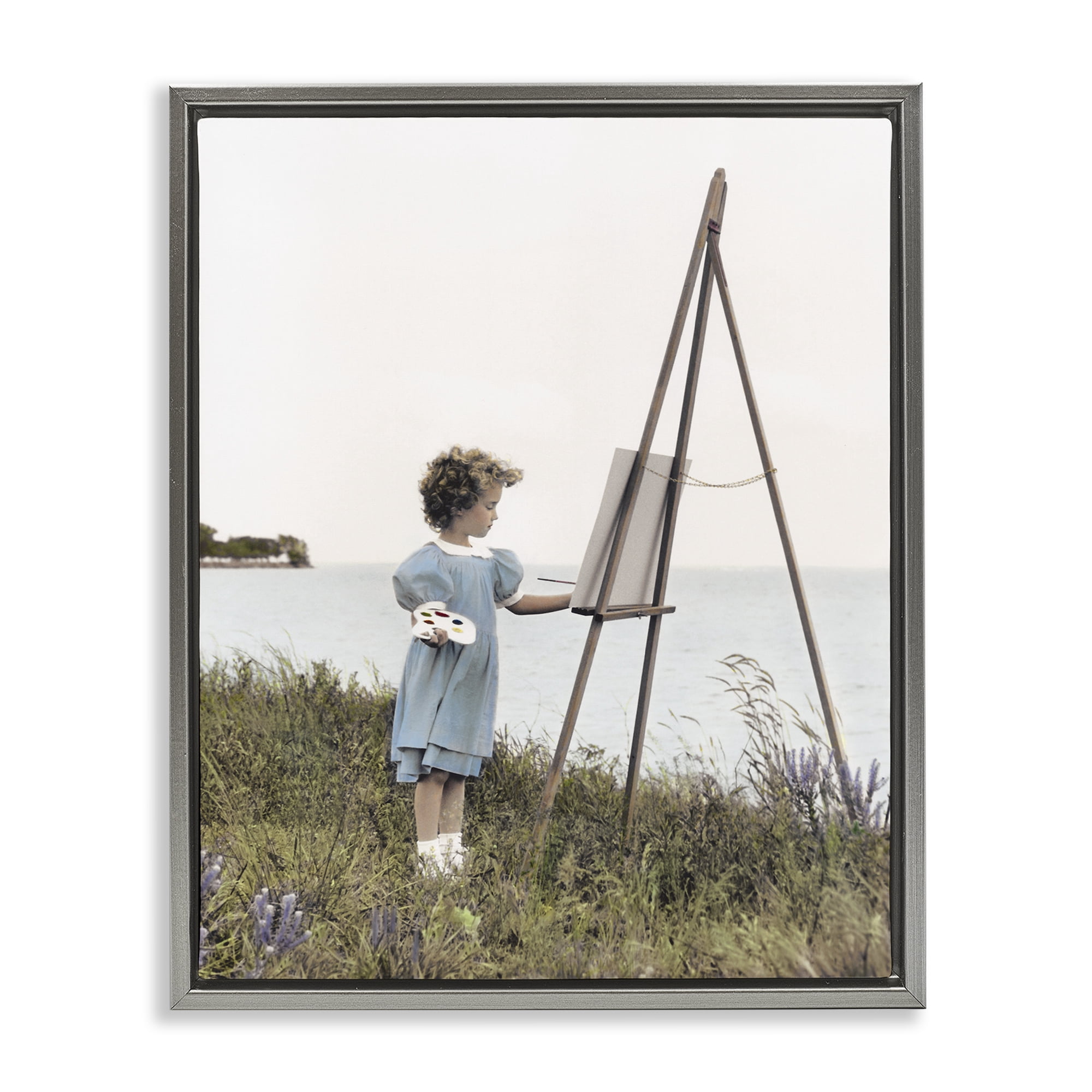 Stupell Industries Child Painting on Easel Gray Framed Floater Canvas Wall Art, design by Kendra Dew