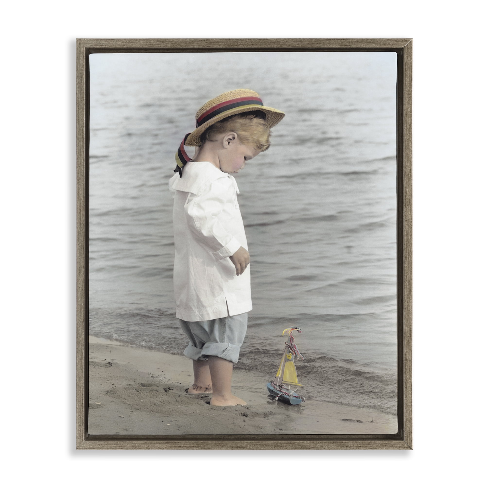 Stupell Industries Child on Beach Shore Brown Framed Floater Canvas Wall Art, design by Kendra Dew
