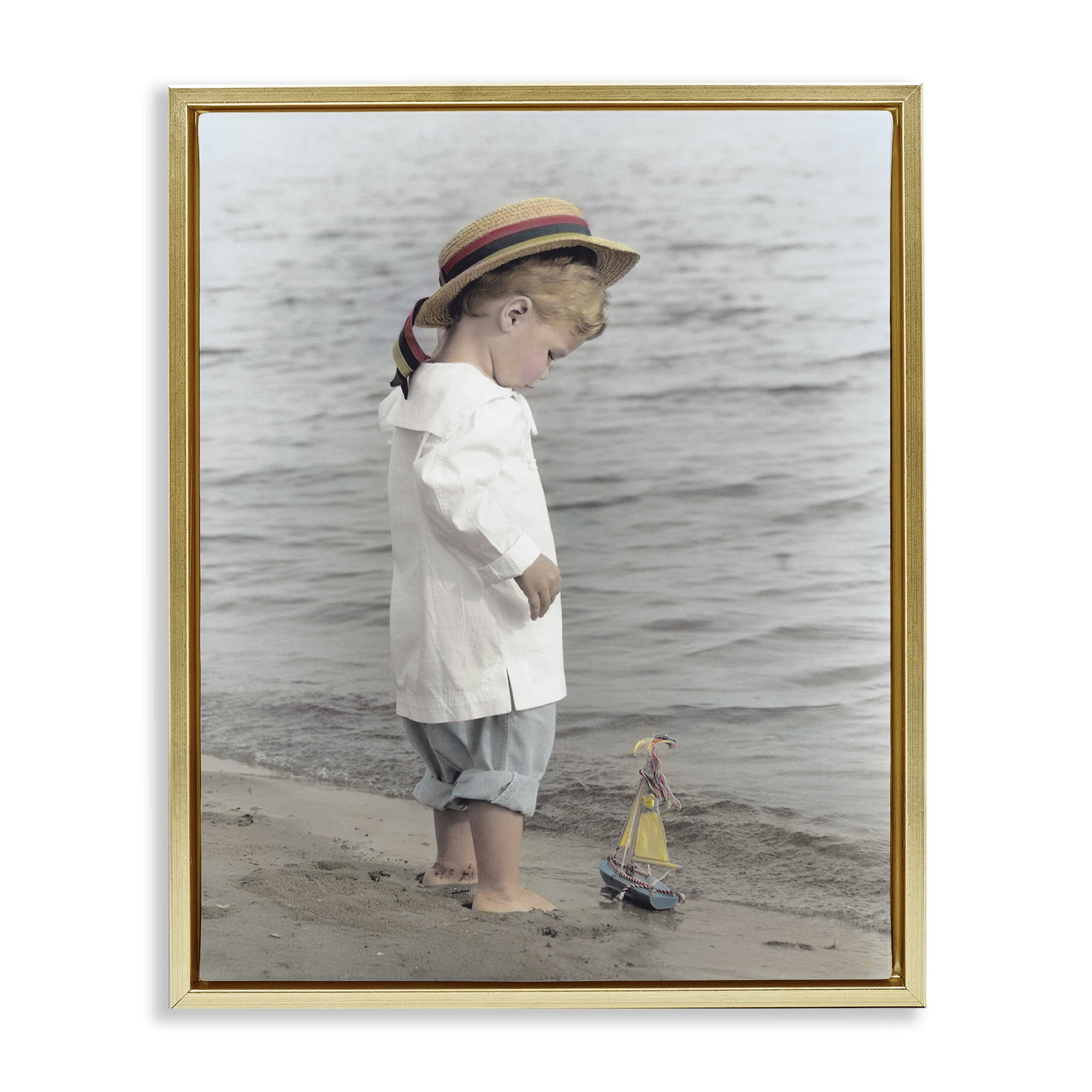 Stupell Industries Child on Beach Shore Gold Framed Floater Canvas Wall Art, design by Kendra Dew