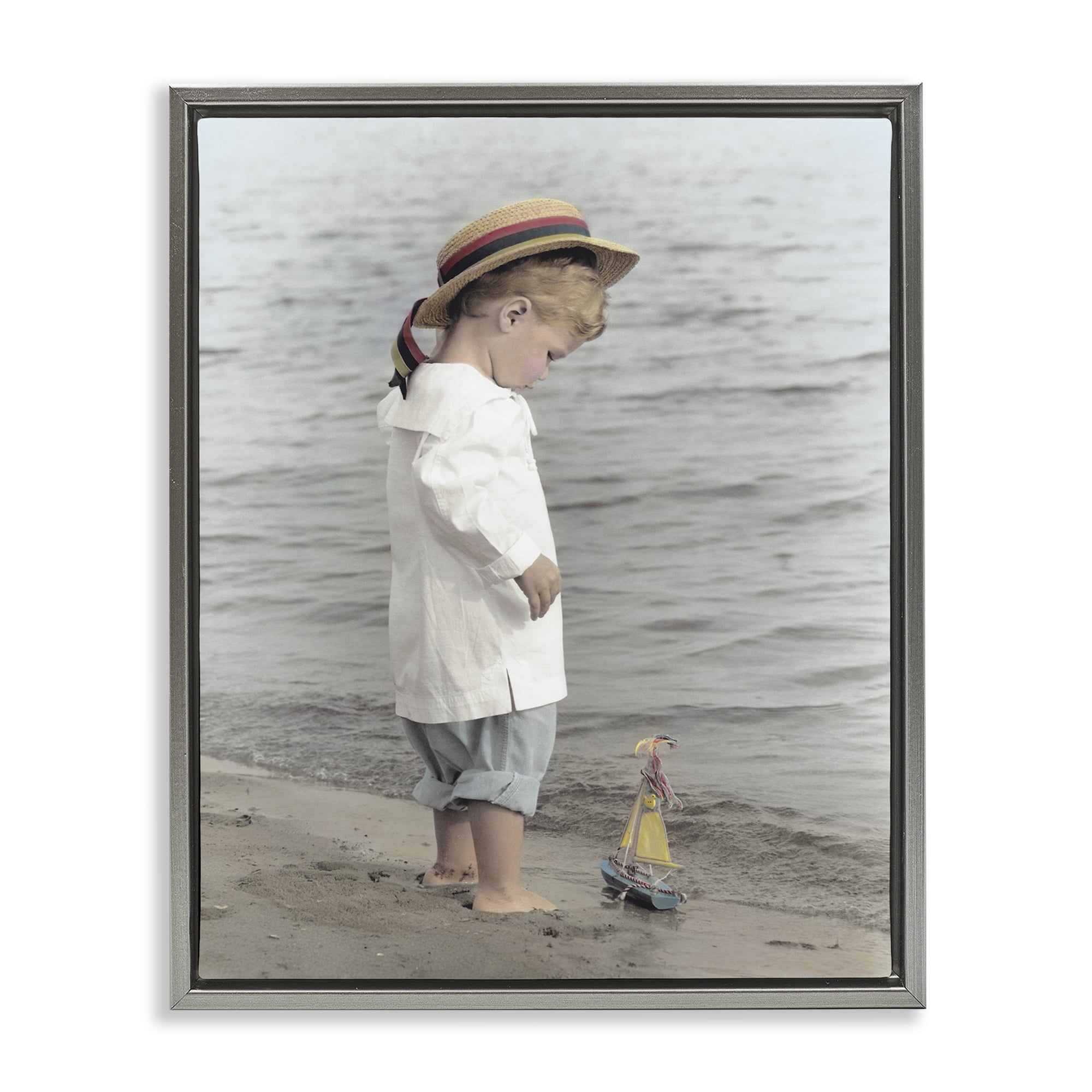Stupell Industries Child on Beach Shore Gray Framed Floater Canvas Wall Art, design by Kendra Dew
