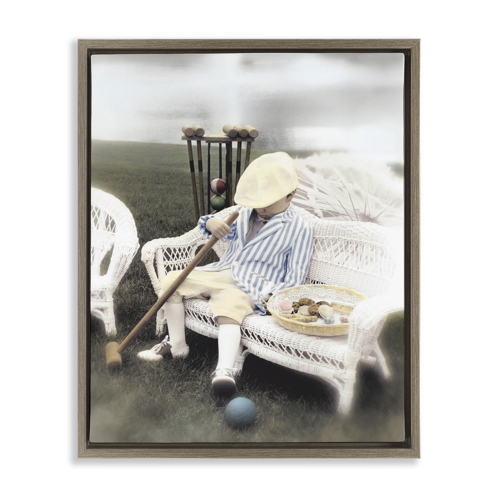 Stupell Industries Child with Croquet Mallet Brown Framed Floater Canvas Wall Art, design by Kendra Dew