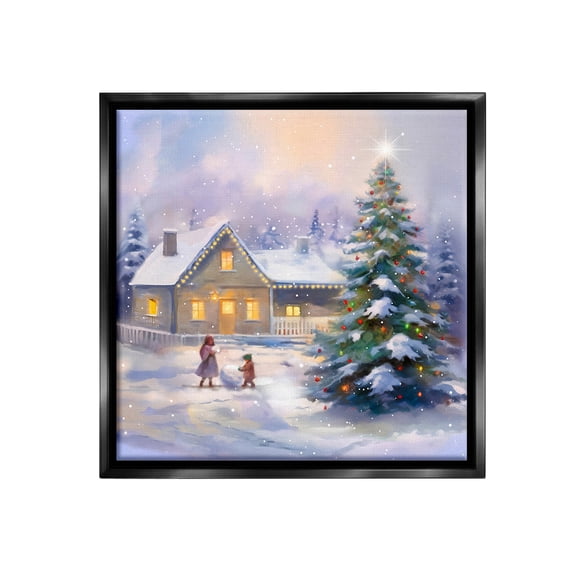 Stupell Industries Children Building Snowman Holiday Painting Black Floater Framed Canvas Art Print Wall Art, 18 x 18