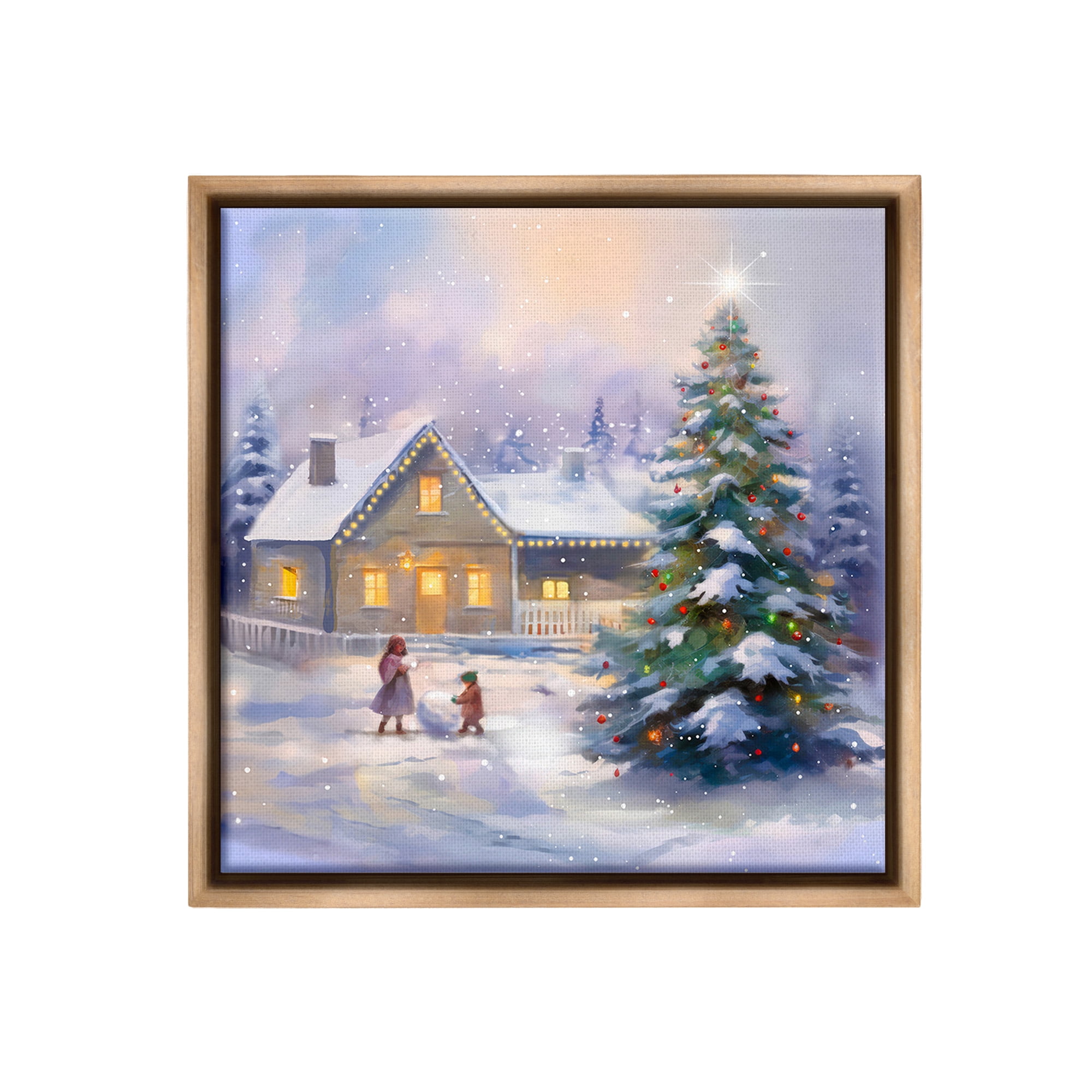 Stupell Industries Children Building Snowman Holiday Painting Brown Floater Framed Canvas Art Print Wall Art, 25 x 25