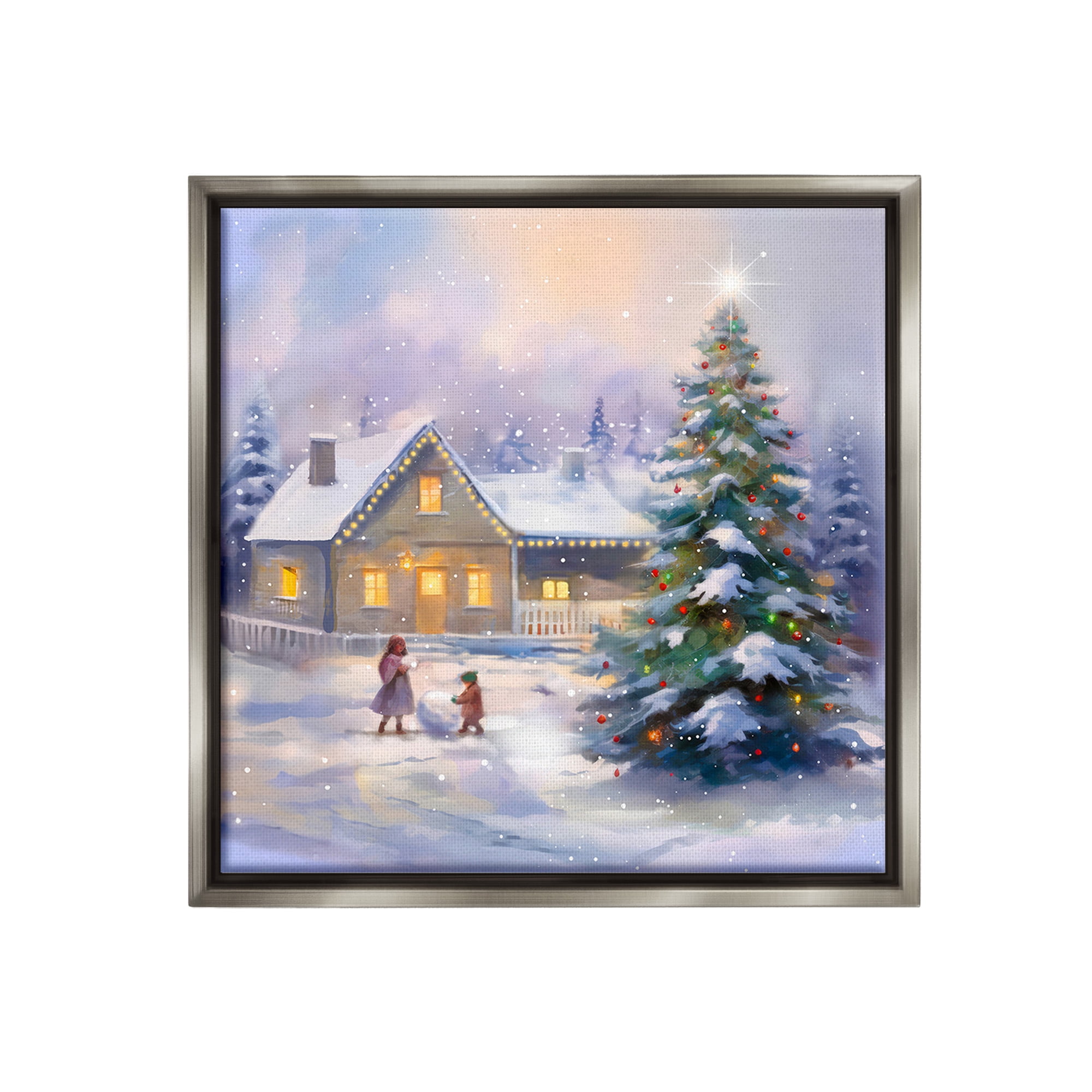 Stupell Industries Children Building Snowman Holiday Painting Gray Floater Framed Canvas Art Print Wall Art, 18 x 18