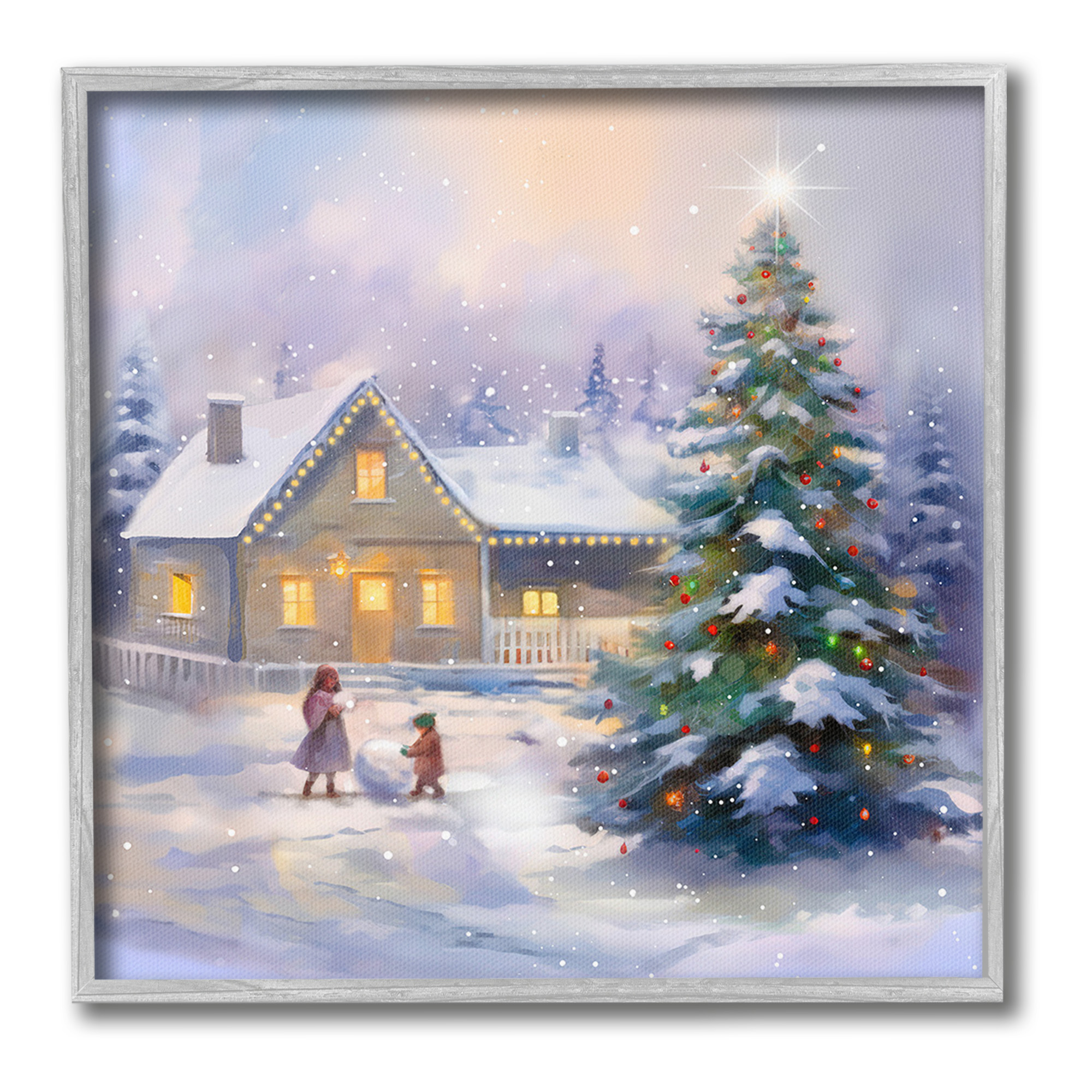 Stupell Industries Children Building Snowman Holiday Painting Gray Framed Art Print Wall Art, 24 x 24