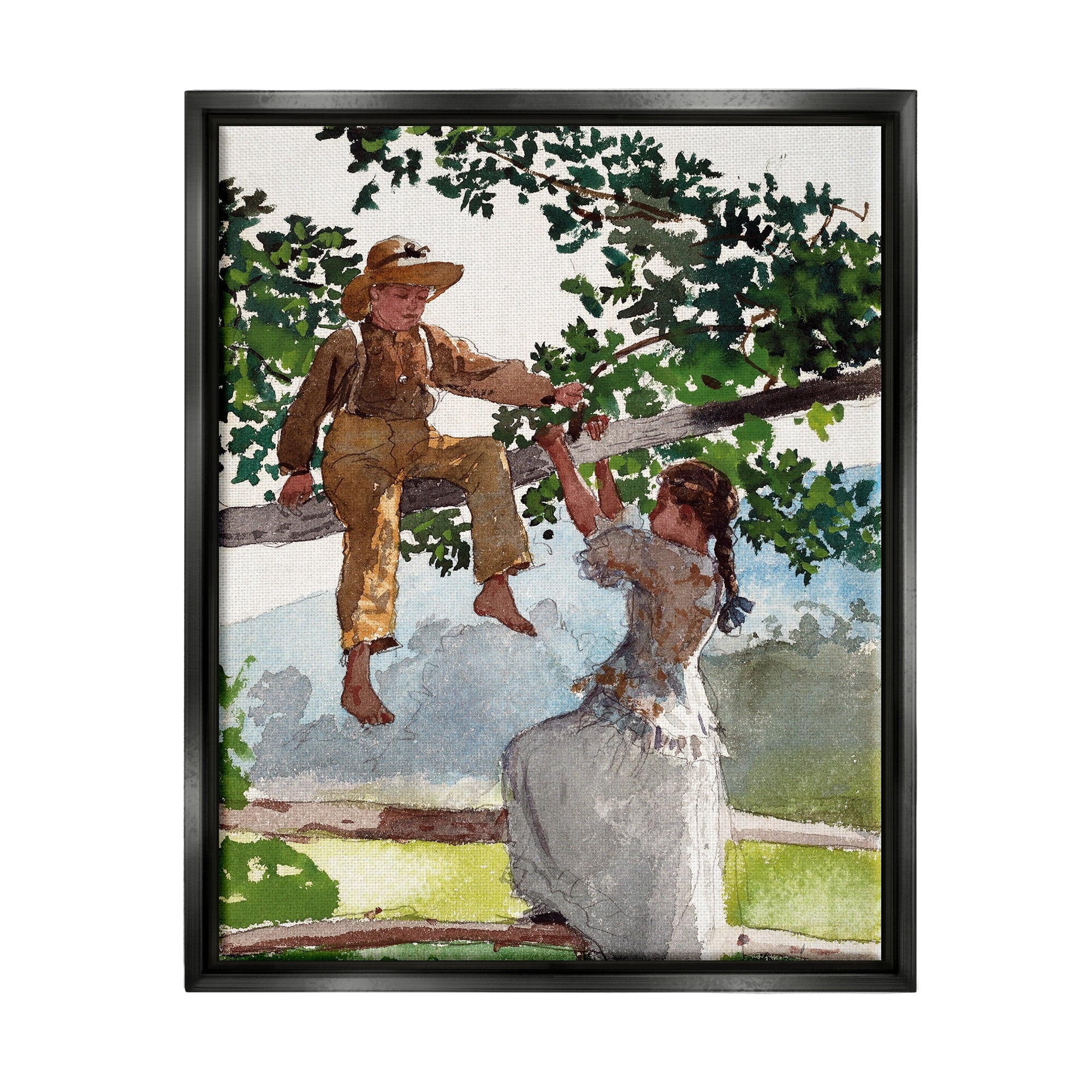 Stupell Industries Children Playing Climbing Tree Traditional Clothing Painting Jet Black Floating Framed Canvas Print Wall Art, Design by Lettered and Lined