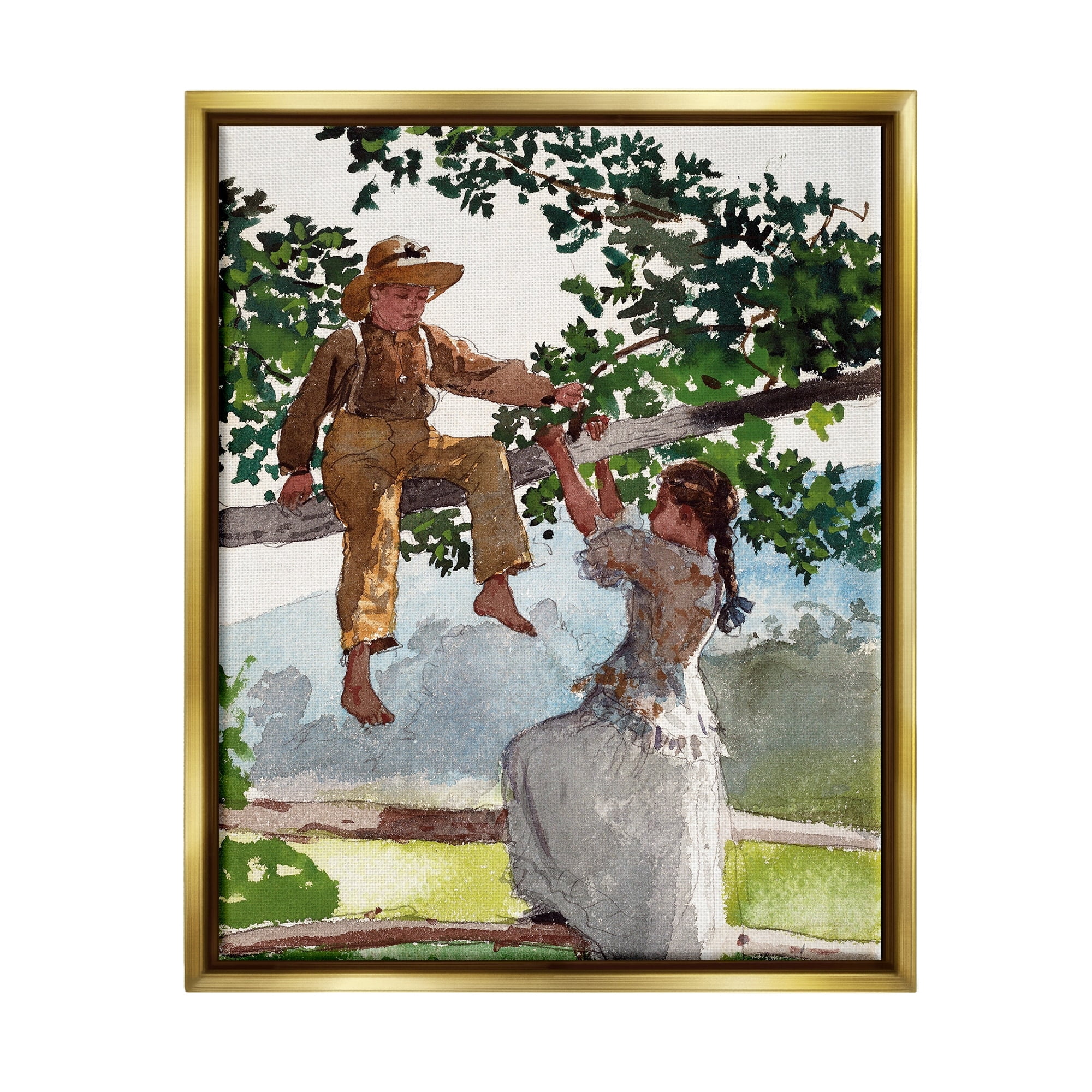 Stupell Industries Children Playing Climbing Tree Traditional Clothing Painting Metallic Gold Floating Framed Canvas Print Wall Art, Design by Lettered and Lined