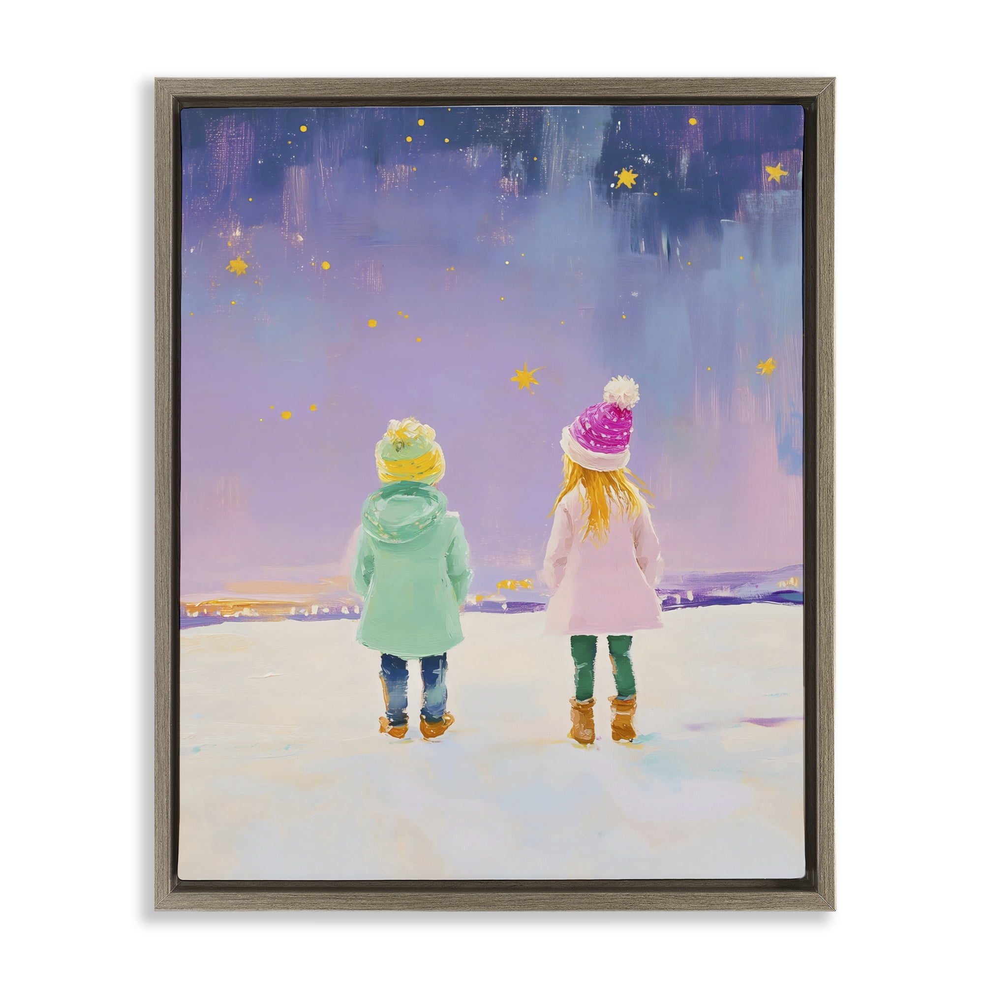 Stupell Industries Children Watching Starry Winter Sky Brown Framed Floater Canvas Wall Art, design by The Prints Vibe