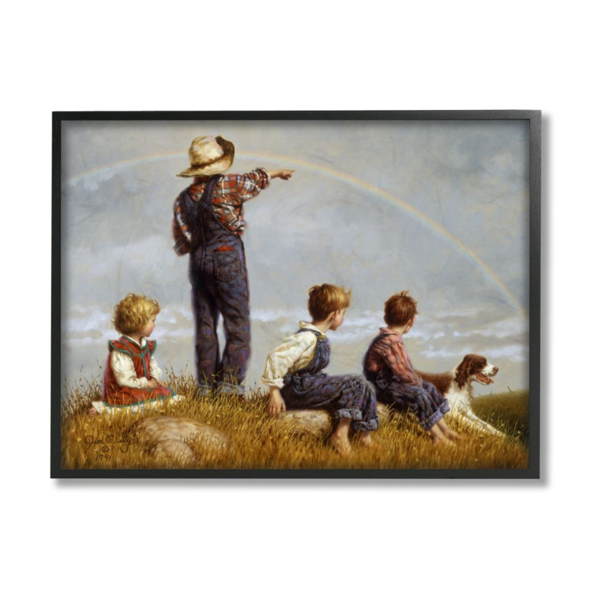 Stupell Industries Children in Meadow under Rainbow with Dog Design by Jim Daly, 11" x 14", Black Framed