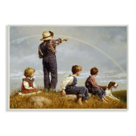 Stupell Industries Children in Meadow under Rainbow with Dog Design by Jim Daly