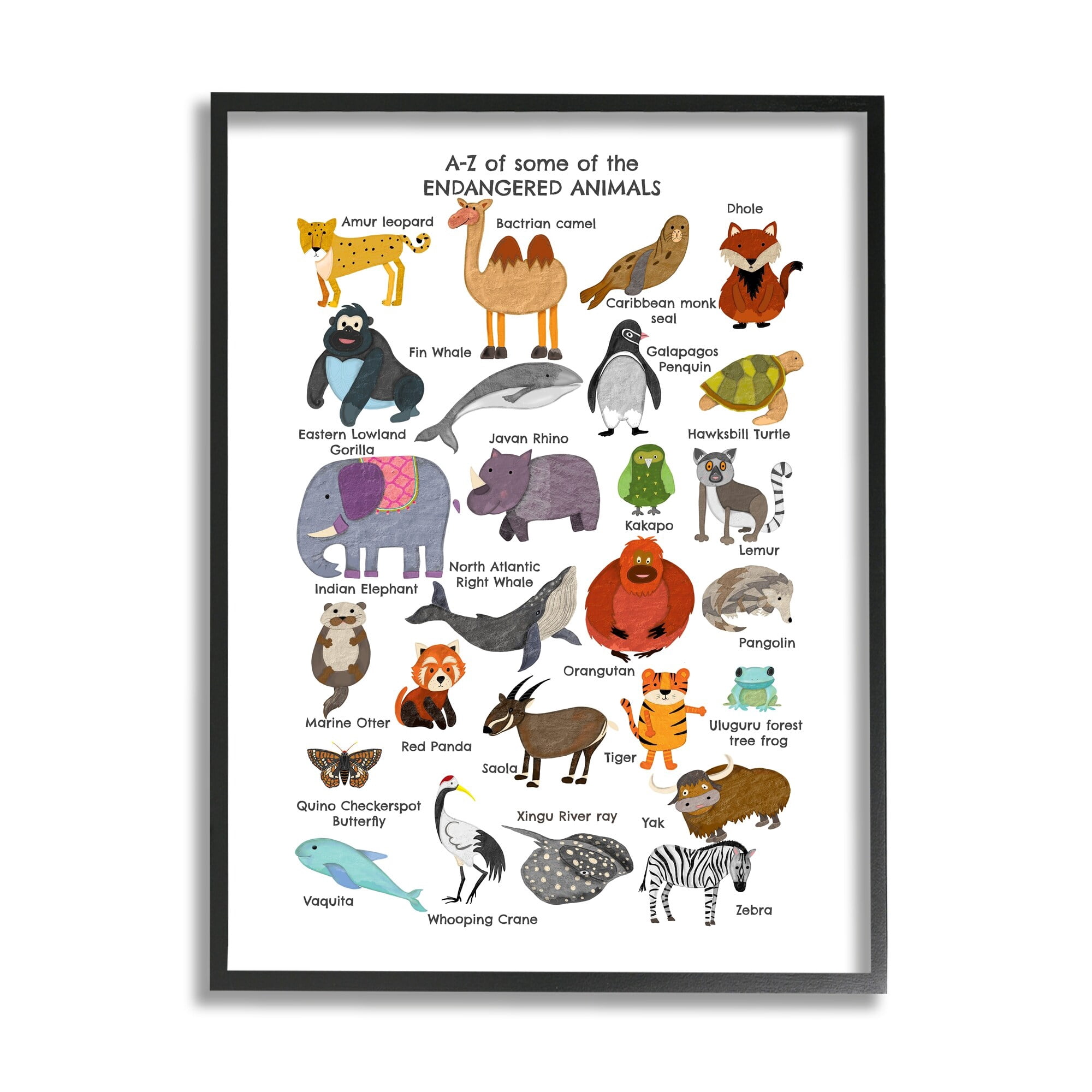 Stupell Industries Children's ABC chart of Endangered Animals Fun Alphabet, 16 x 20,Design by Sangita Bachelet