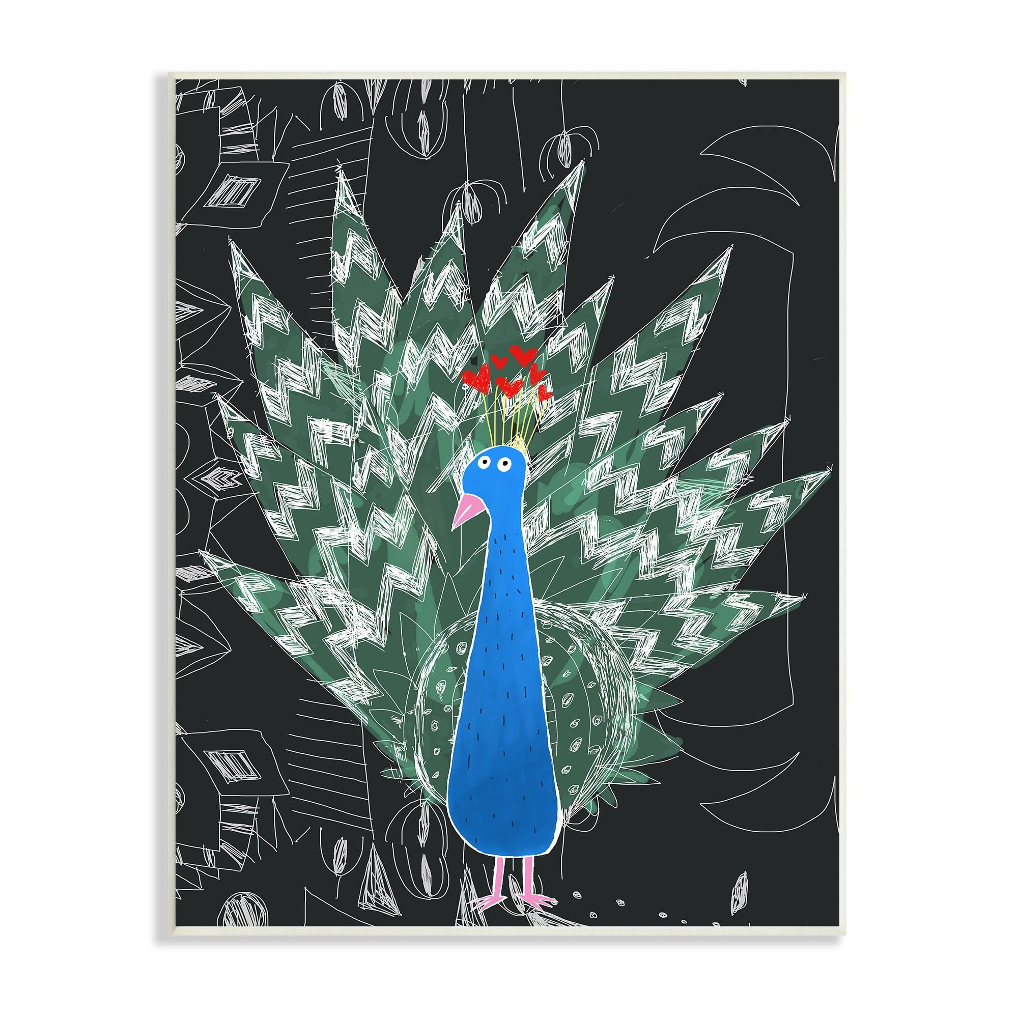 Children's Abstract Peacock Doodle Black and Green Wood Wall Plaque