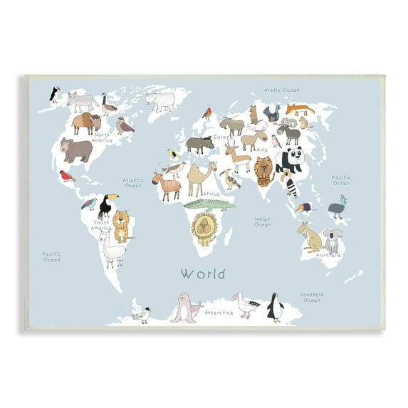 Stupell Industries Children's Animal World Map Playful Illustration Light Blue, 10 x 15, Designed by Carla Daly