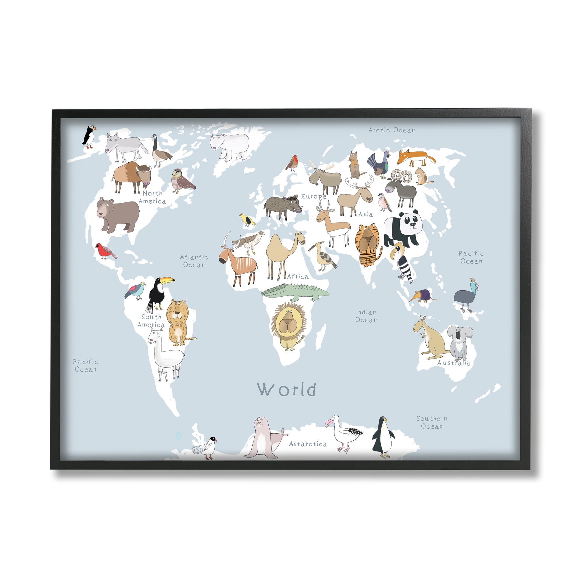 Stupell Industries Children's Animal World Map Playful Illustration Light Blue, 24 x 30, Designed by Carla Daly