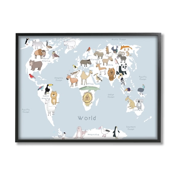 Stupell Industries Children's Animal World Map Playful Illustration Light Blue, 24 x 30, Designed by Carla Daly
