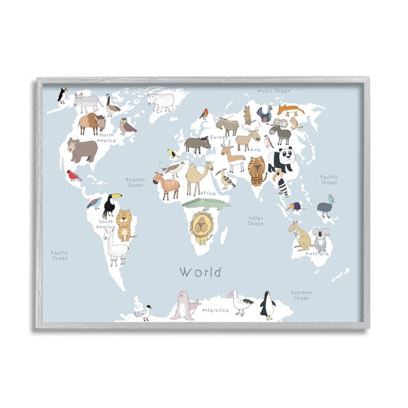 Stupell Industries Children's Animal World Map Playful Illustration Light Blue, 24 x 30, Designed by Carla Daly