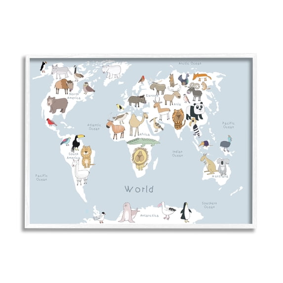 Stupell Industries Children's Animal World Map Playful Illustration Light Blue, 24 x 30, Designed by Carla Daly